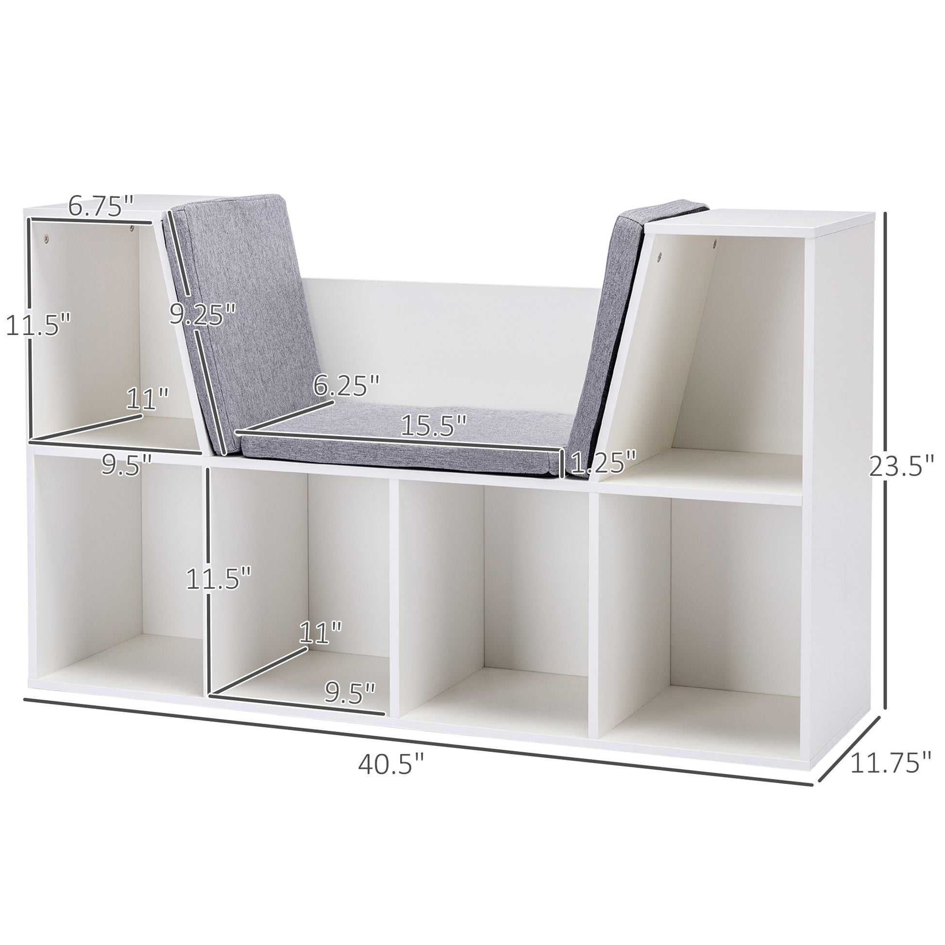 White storage bench with grey cushioned seat and  cubbies for entryway organization
