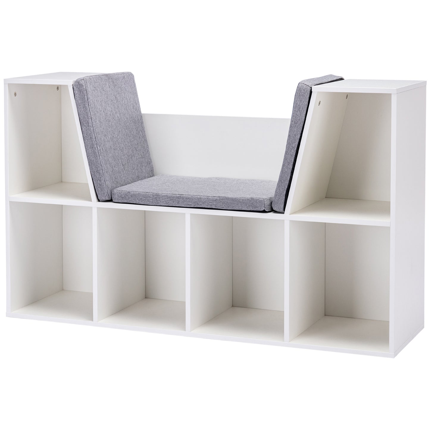 White modular storage bench with grey upholstered seating and open cubbies