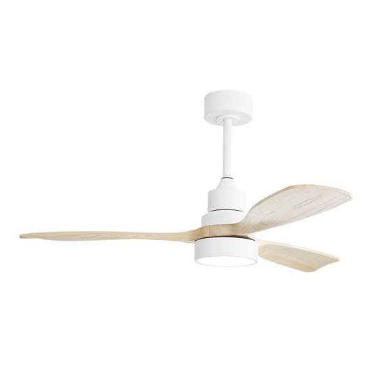 Modern white ceiling fan with natural wood blades and integrated LED light