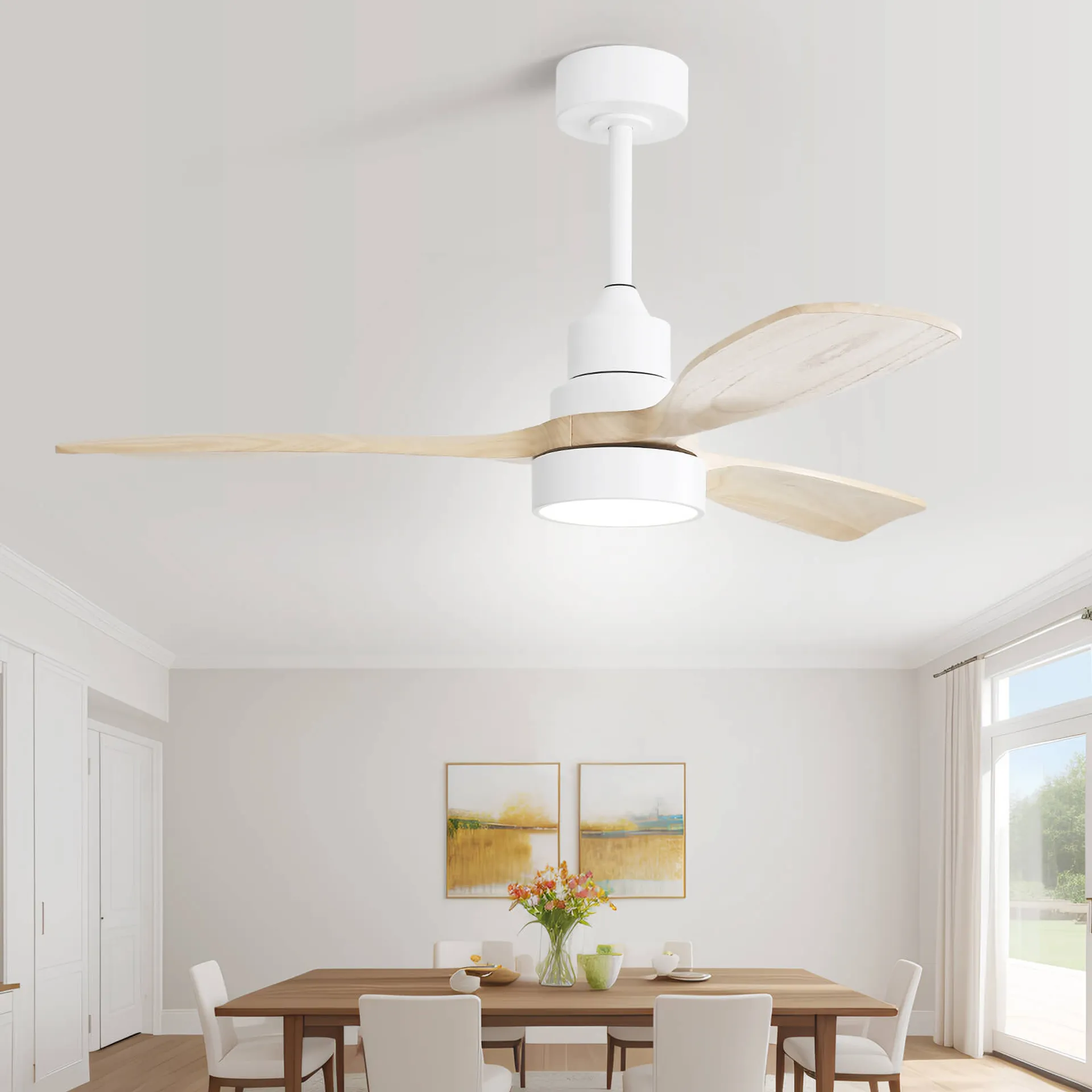 White flush mount ceiling fan with natural wood blades and integrated LED light