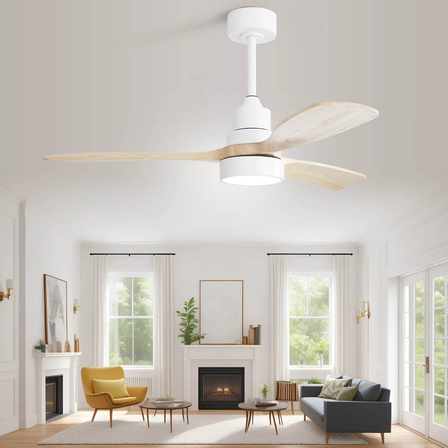 Modern white ceiling fan with natural wood blades and integrated LED light