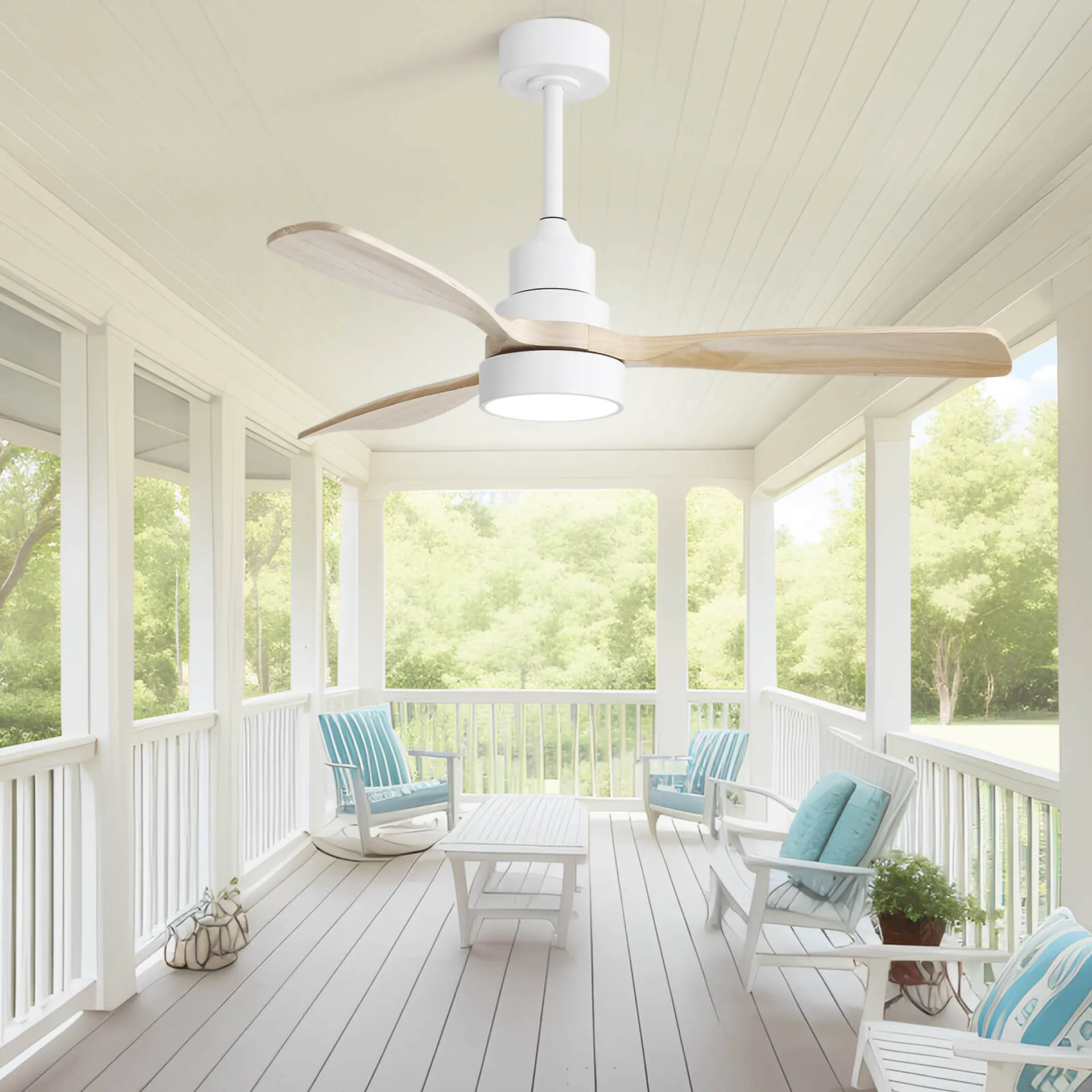 Modern white ceiling fan with natural wood blades and integrated LED light ideal for covered patios