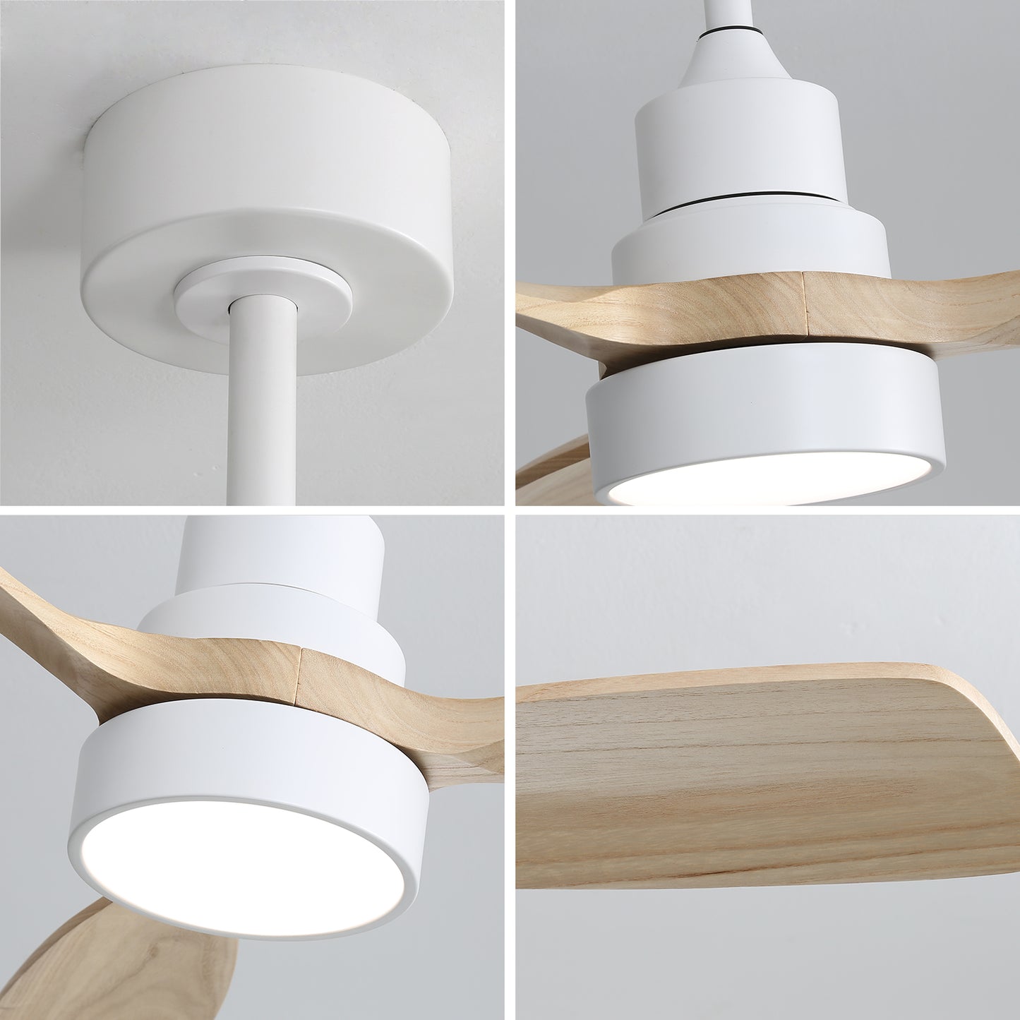 White modern ceiling fan with light and natural wood blades