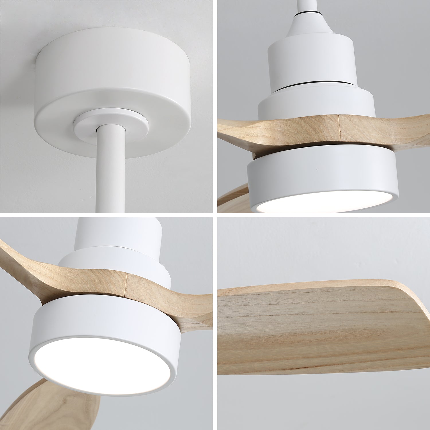 White modern ceiling fan with light and natural wood blades