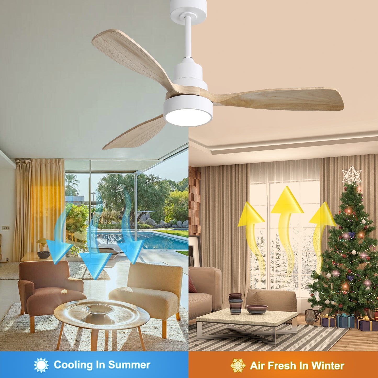 Modern white ceiling fan with natural wood blades perfect for summer cooling