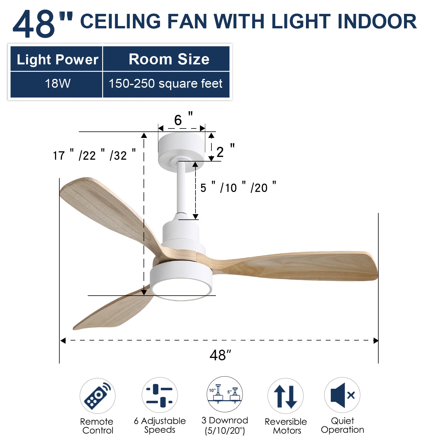 inch white and wood indoor ceiling fan with LED light and remote control