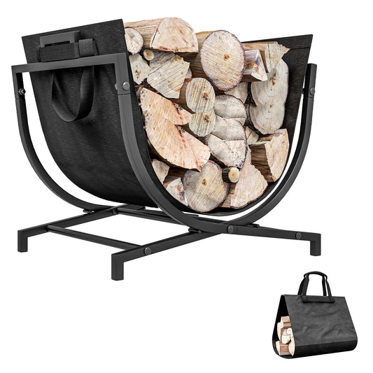 Modern black metal firewood rack with canvas tote holding cut logs