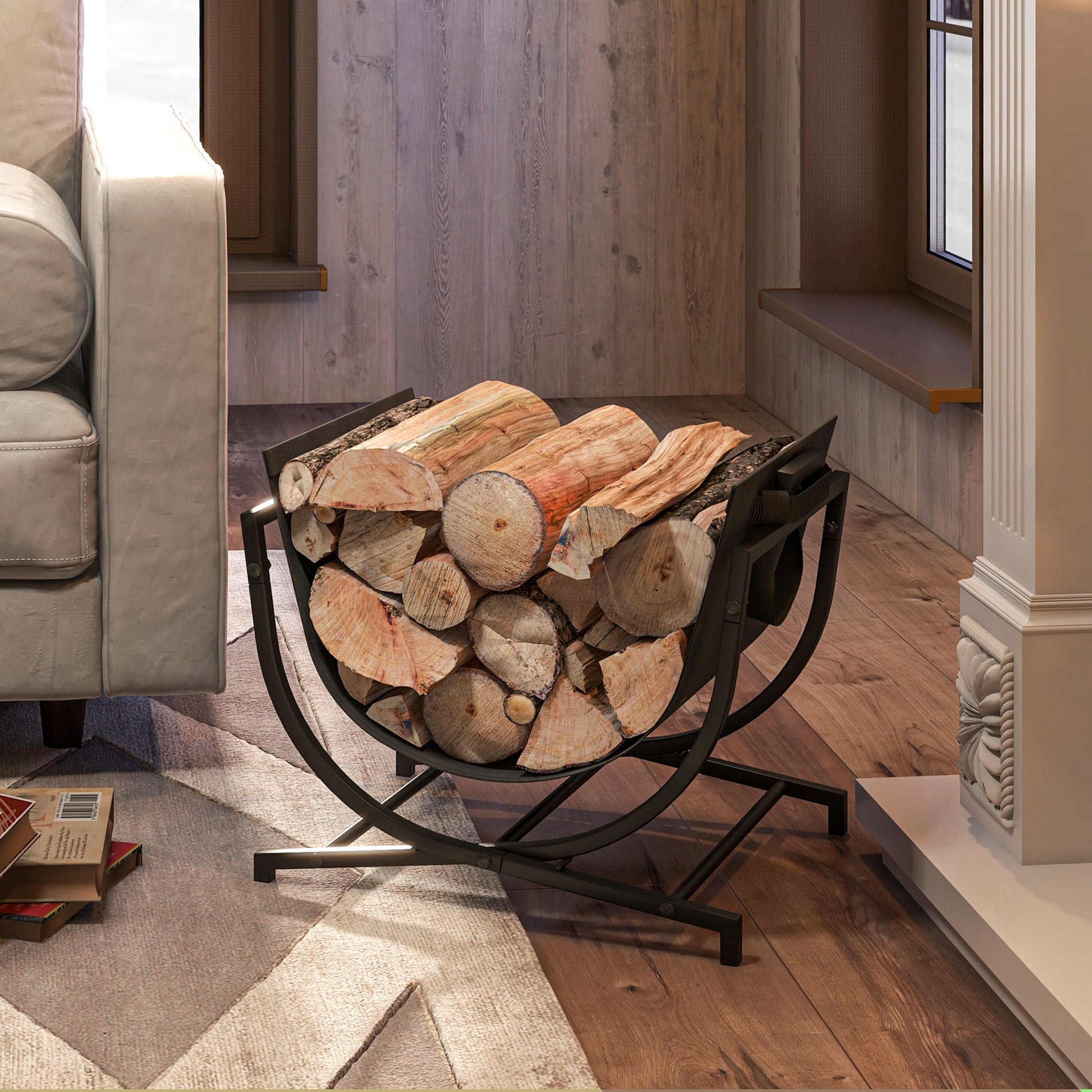 Black metal firewood rack filled with logs next to a beige sofa