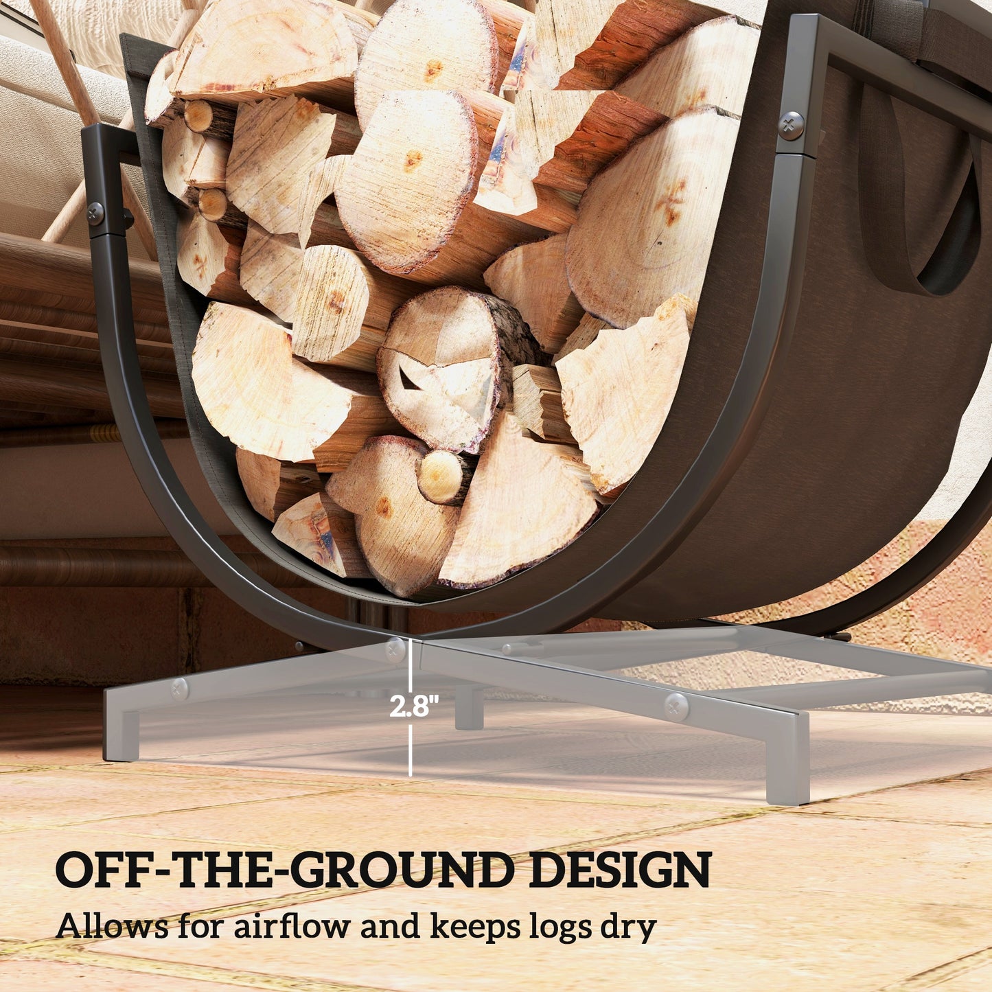 Metal firewood rack with brown canvas sling holding neatly stacked logs