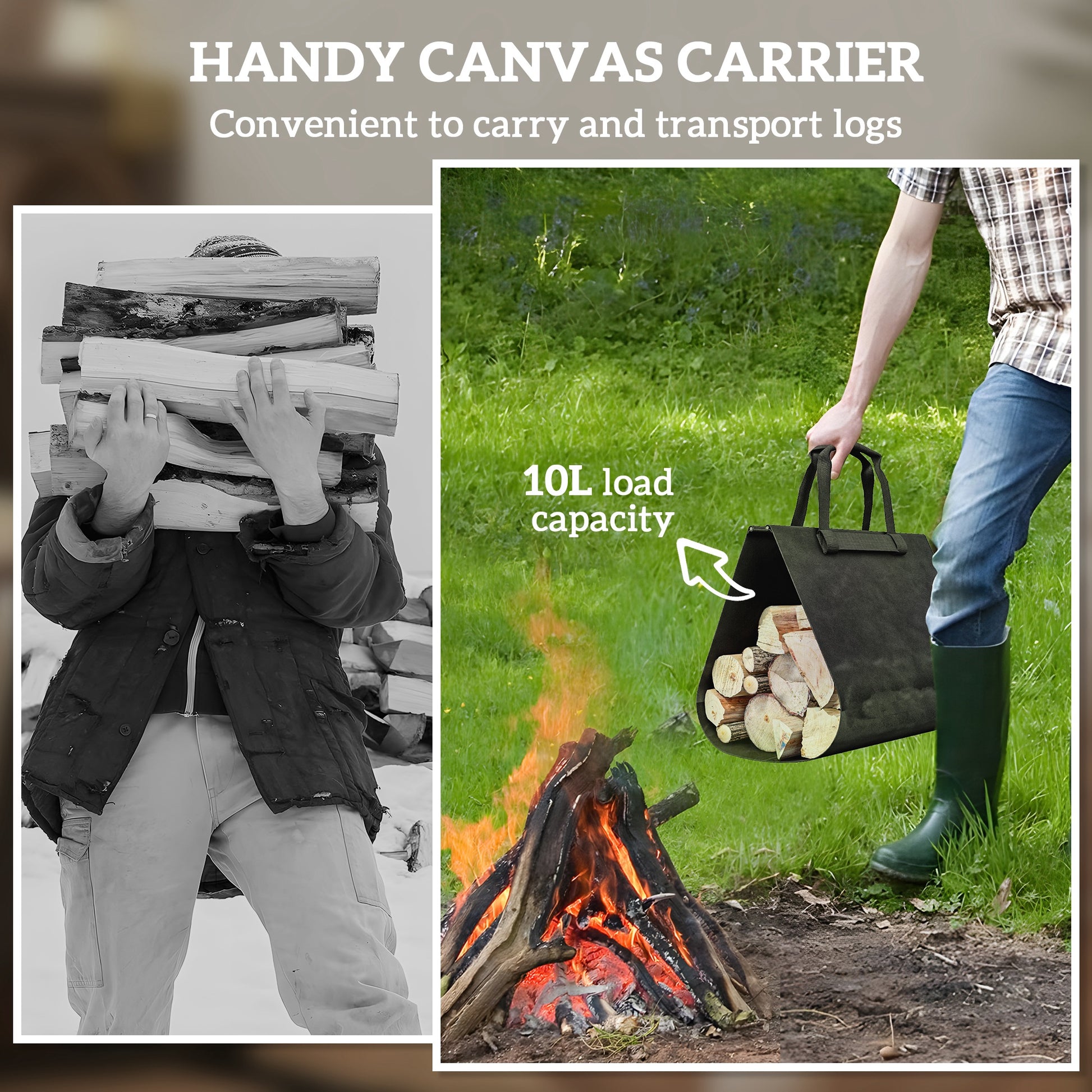 Heavyduty black canvas log carrier filled with firewood perfect for transporting logs