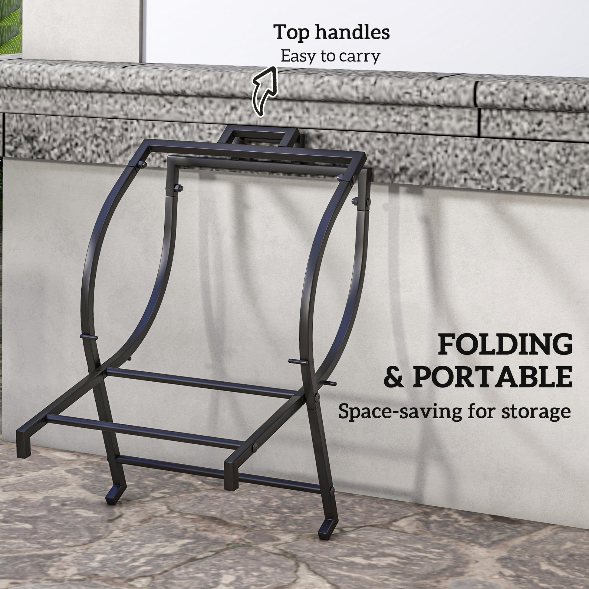 Black metal folding firewood rack with curved sides and easy carry top handles