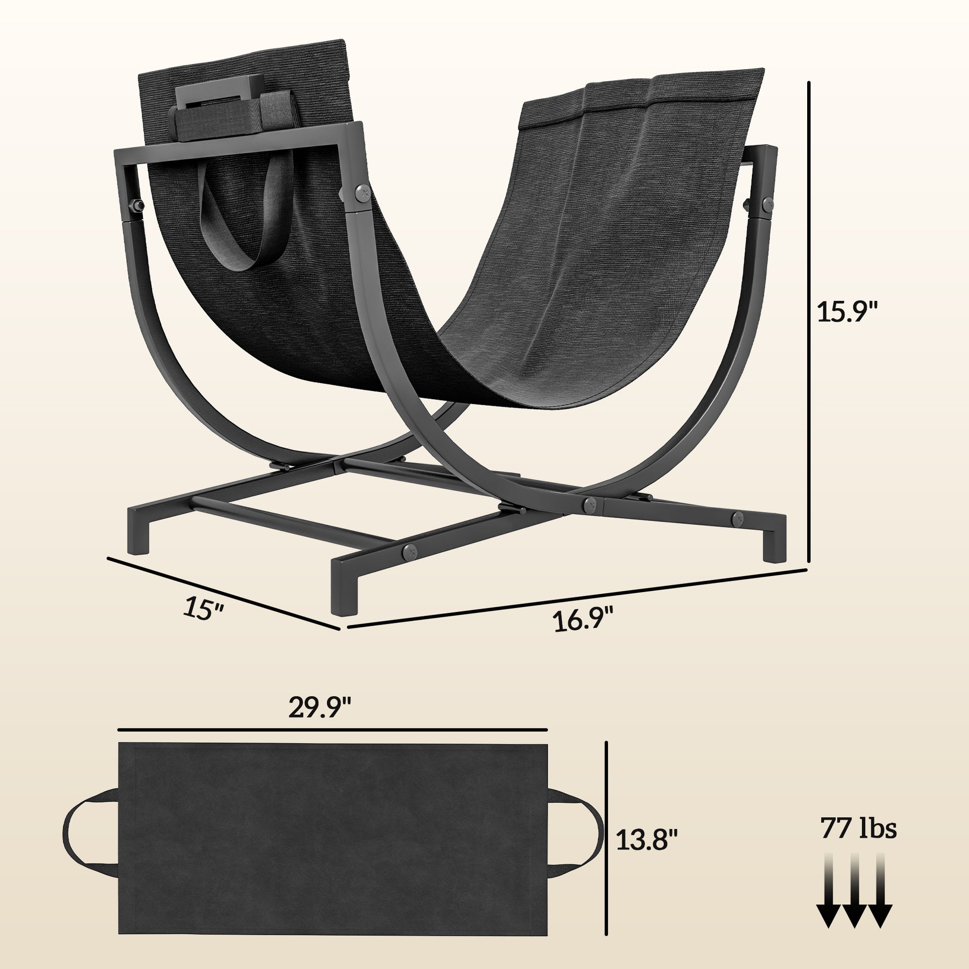 Modern black metal and canvas log holder with carrying straps for easy transport