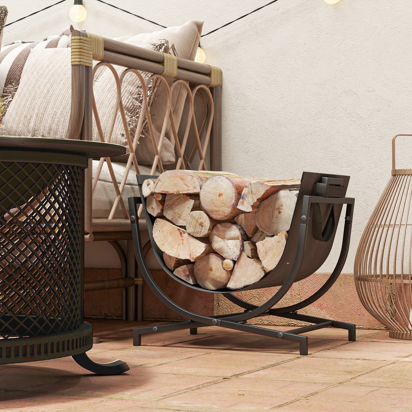 Modern black metal log holder filled with firewood perfect for outdoor fireplaces