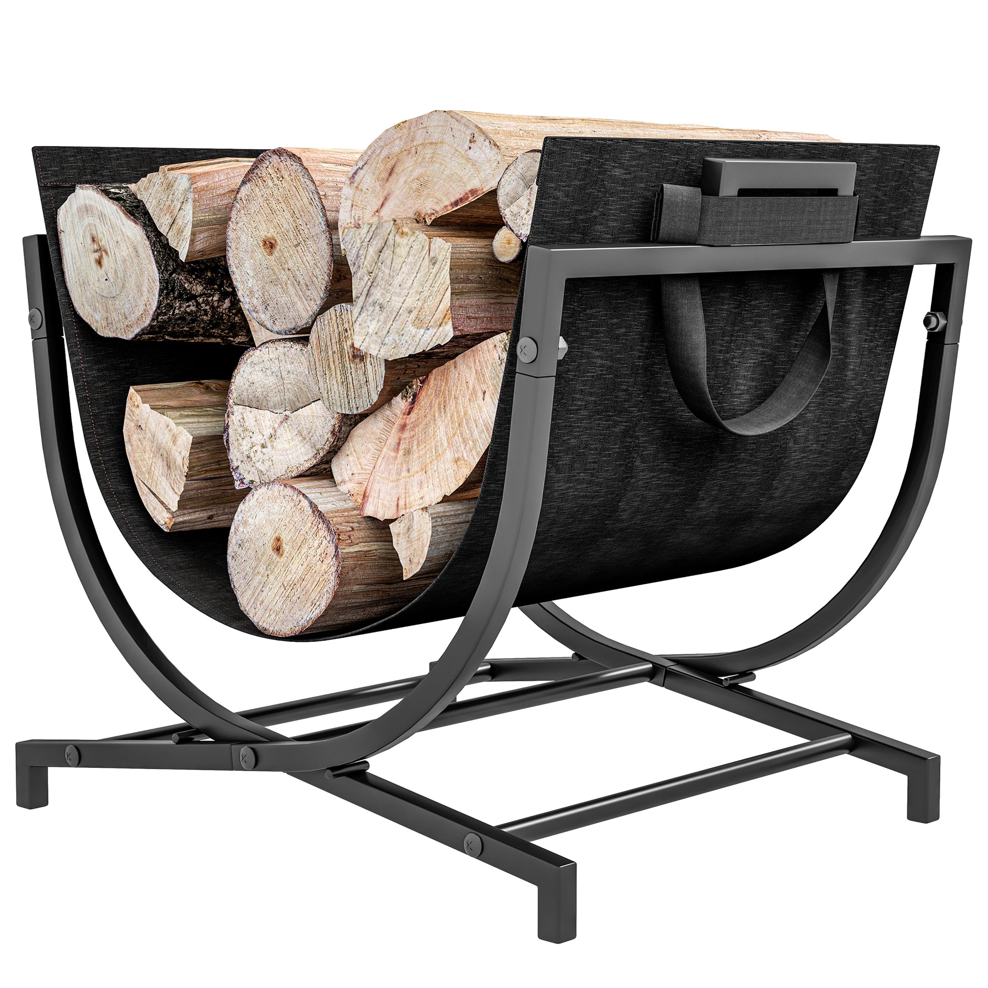Modern black metal log holder carrying firewood ideal for fireplaces