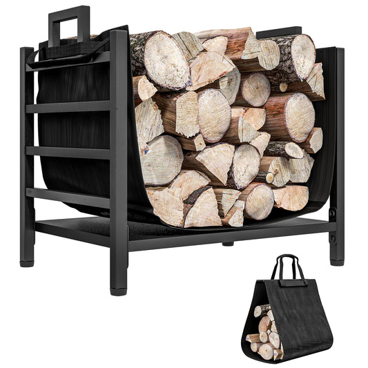 Black steel firewood rack with canvas holder filled with split logs