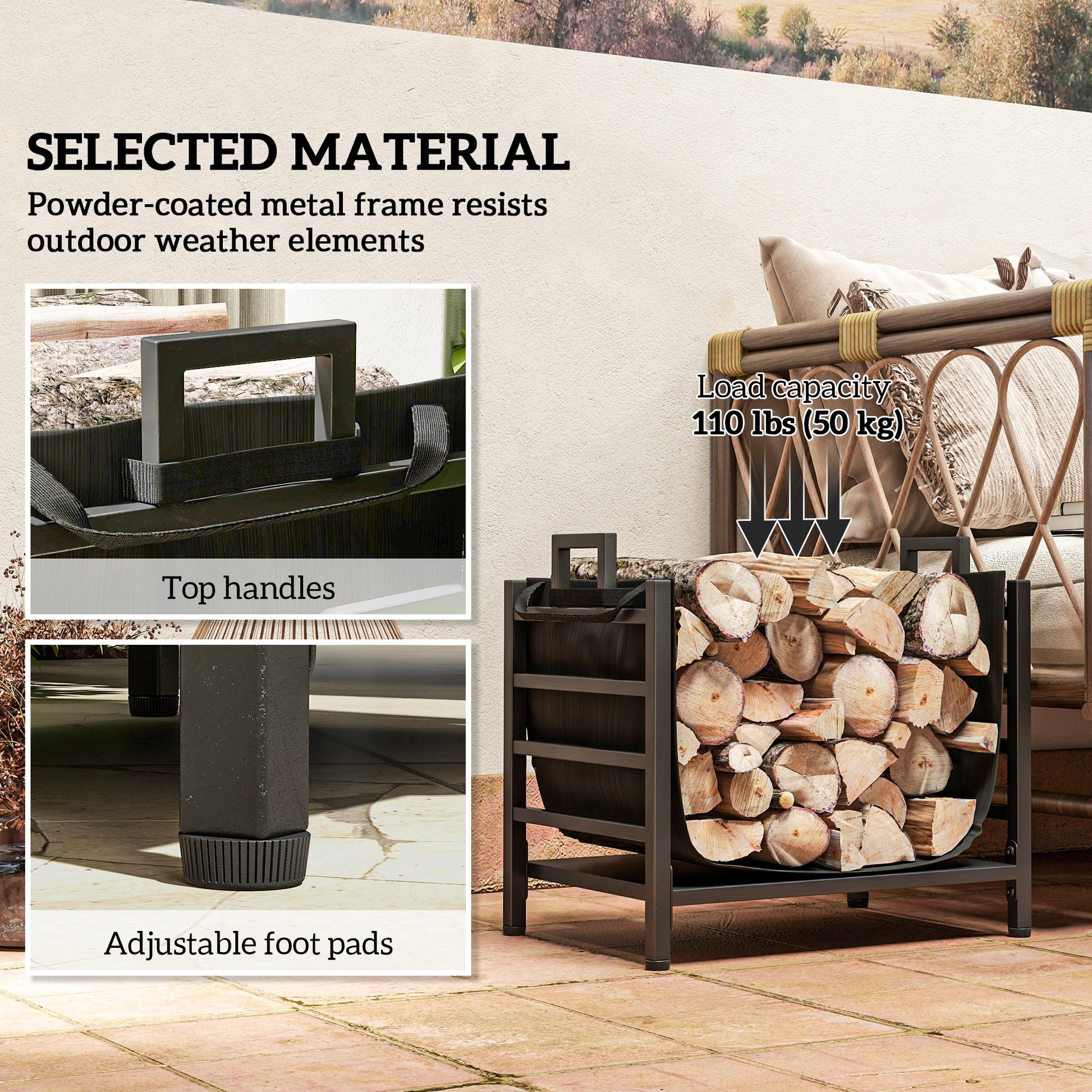 Dark gray powdercoated metal firewood rack holding chopped logs with top handles