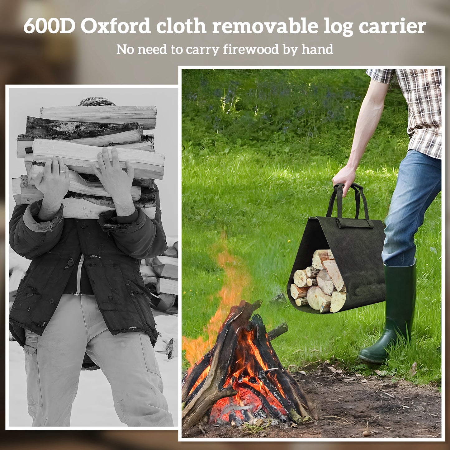 Black D Oxford cloth log carrier with reinforced handles and filled with firewood
