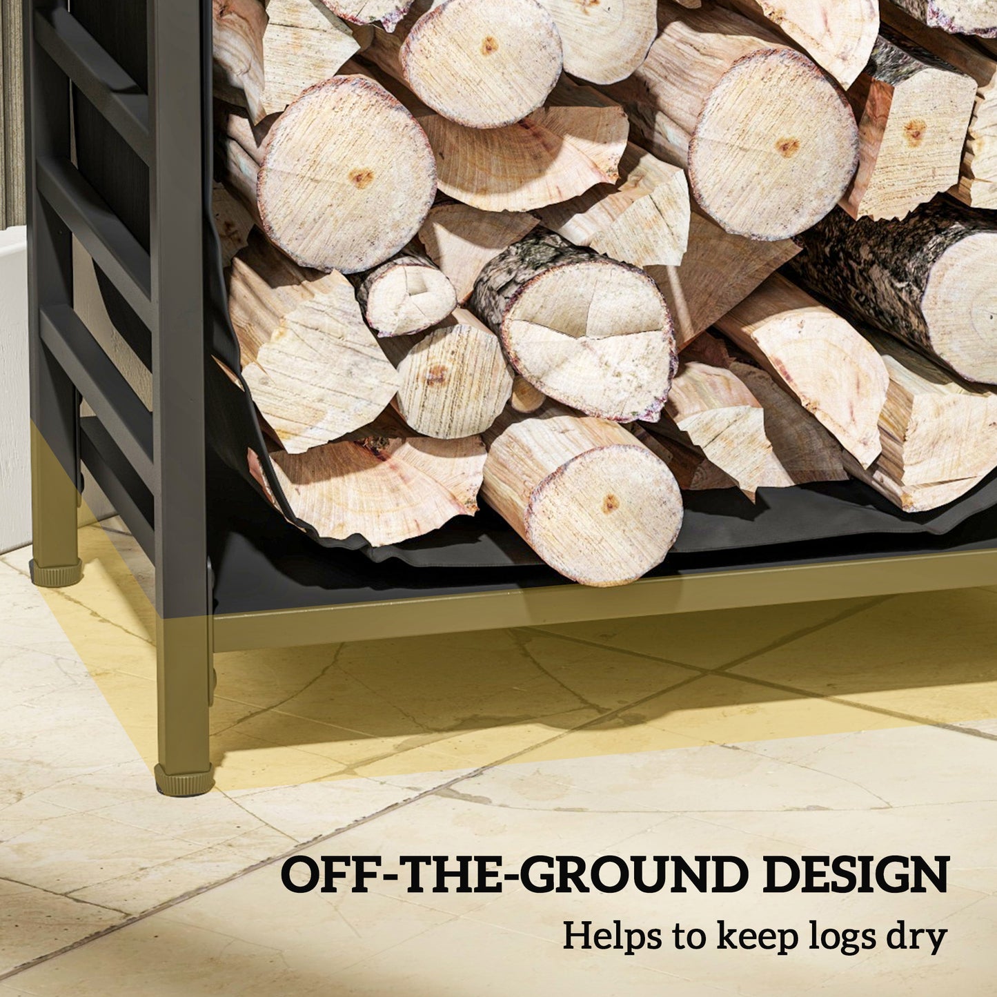 Dark grey metal firewood rack filled with neatly stacked dry logs