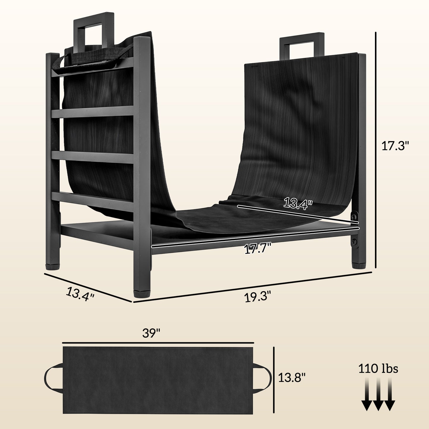 Black metal firewood rack with a durable fabric sling for indooroutdoor use
