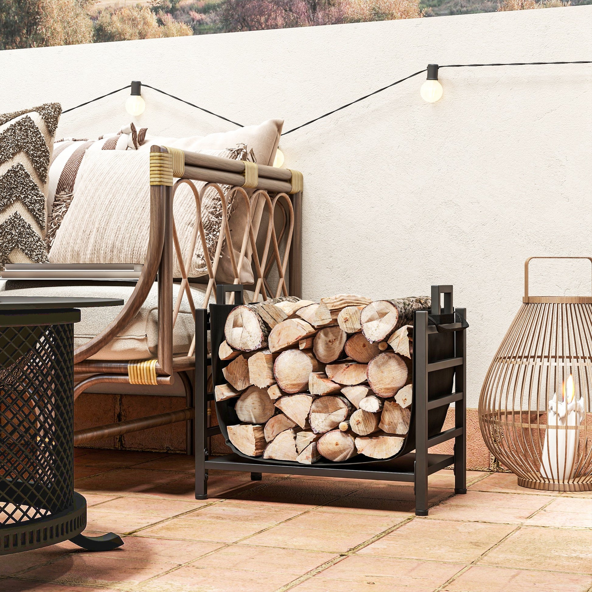 Dark gray metal firewood rack filled with neatly stacked logs