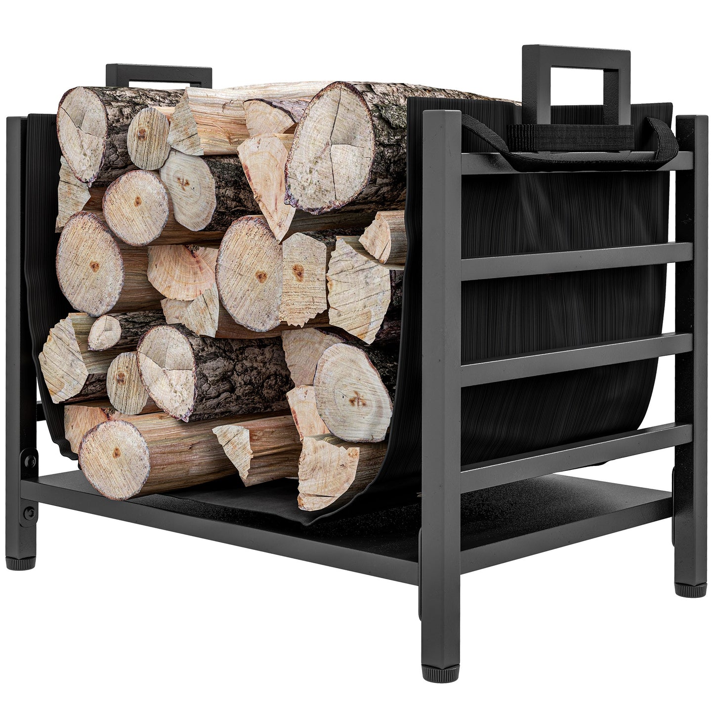 Black metal log rack filled with neatly stacked firewood for indoor use