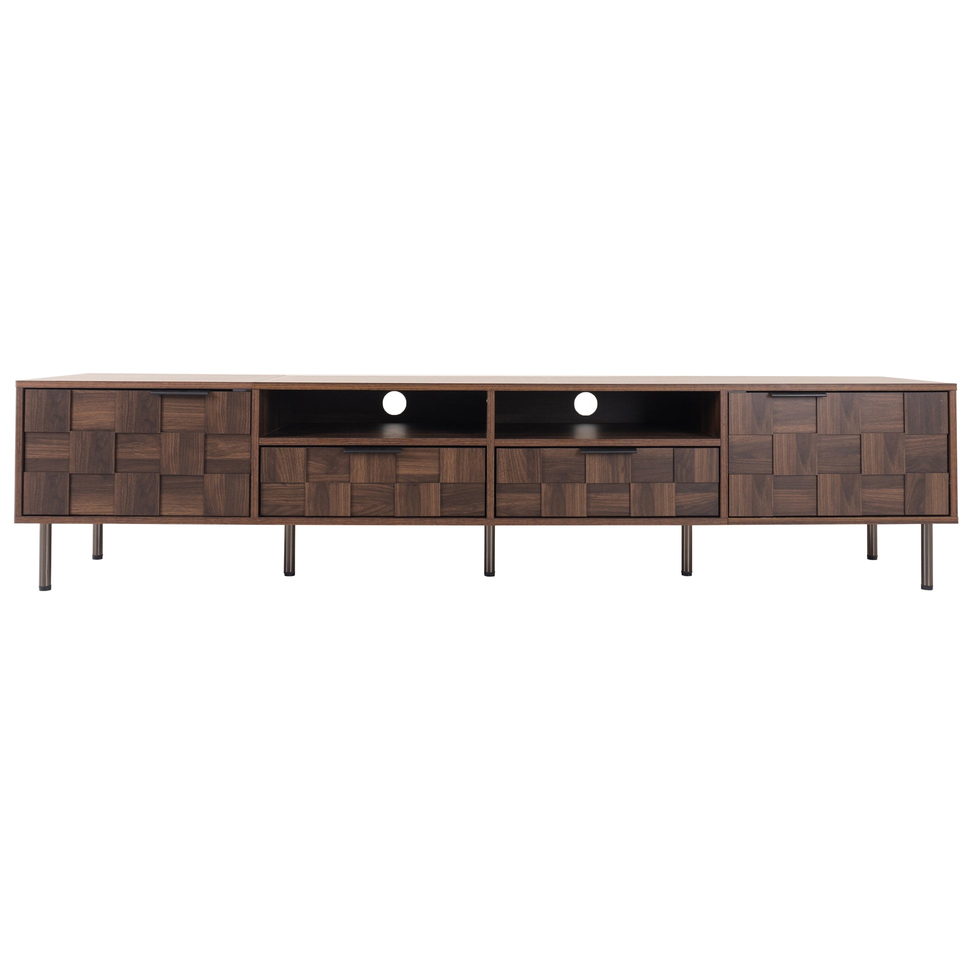 Dark wood media console with geometric drawer fronts and metal legs perfect for modern living rooms