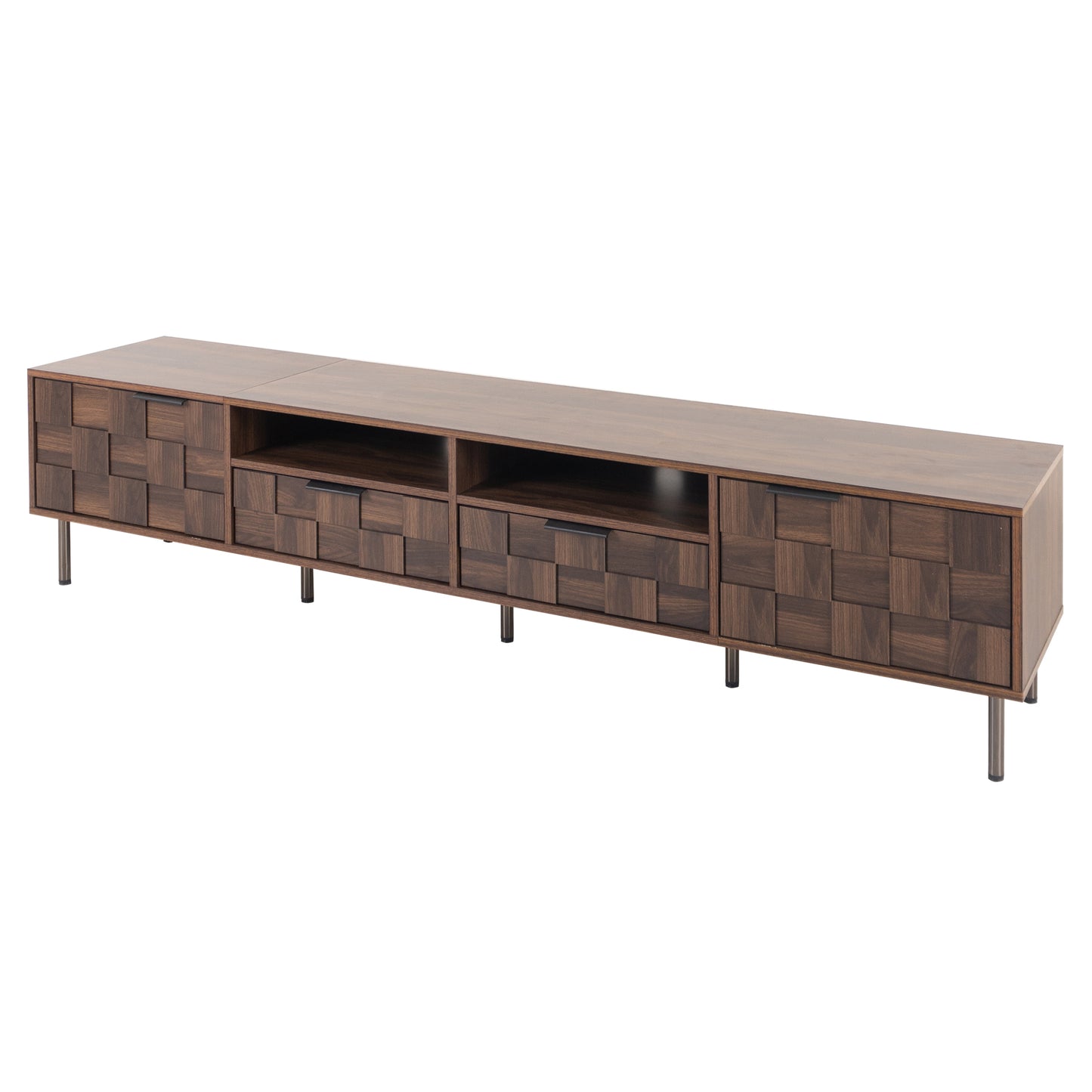 Dark walnut media console with geometric drawer fronts and open shelving