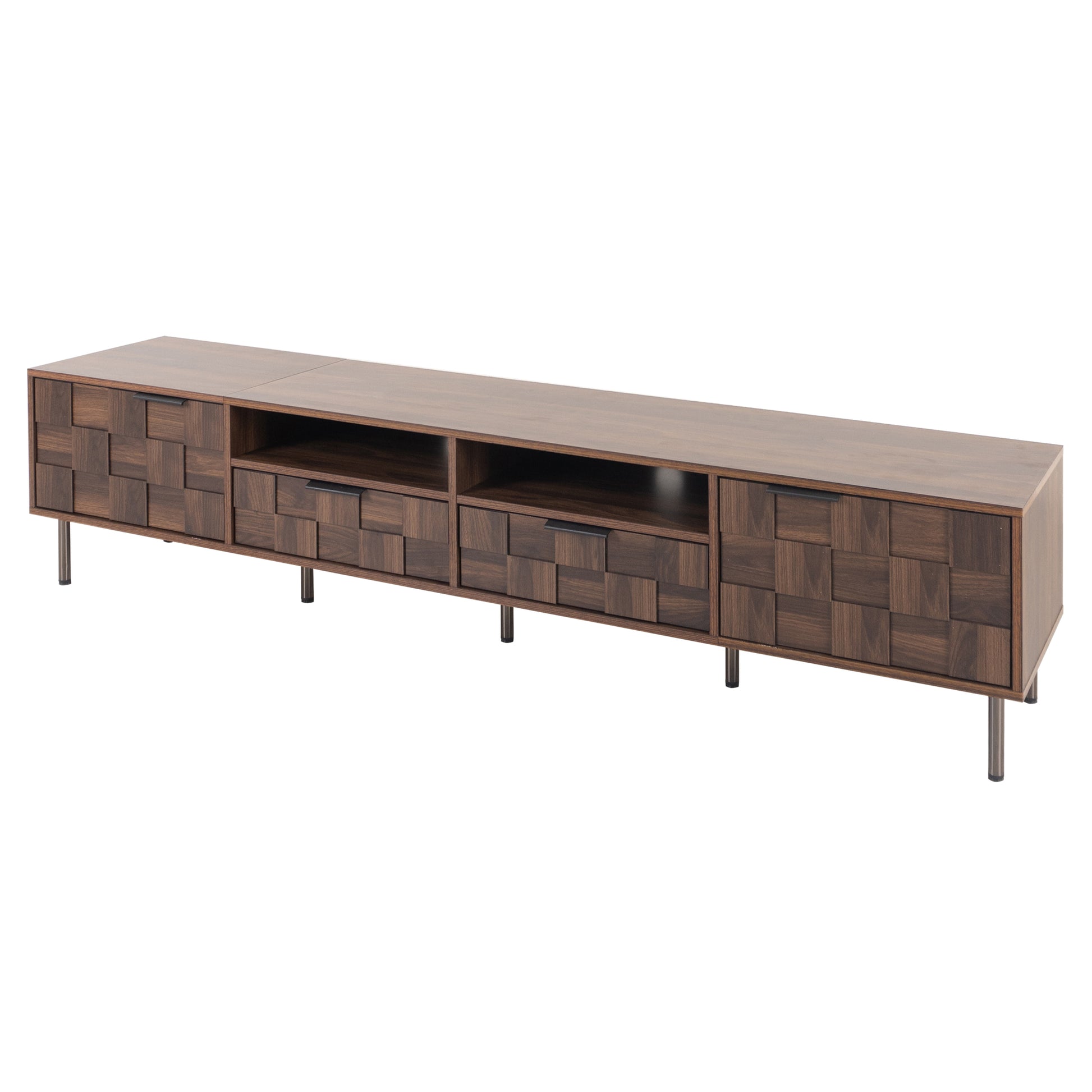 Dark walnut media console with geometric drawer fronts and open shelving