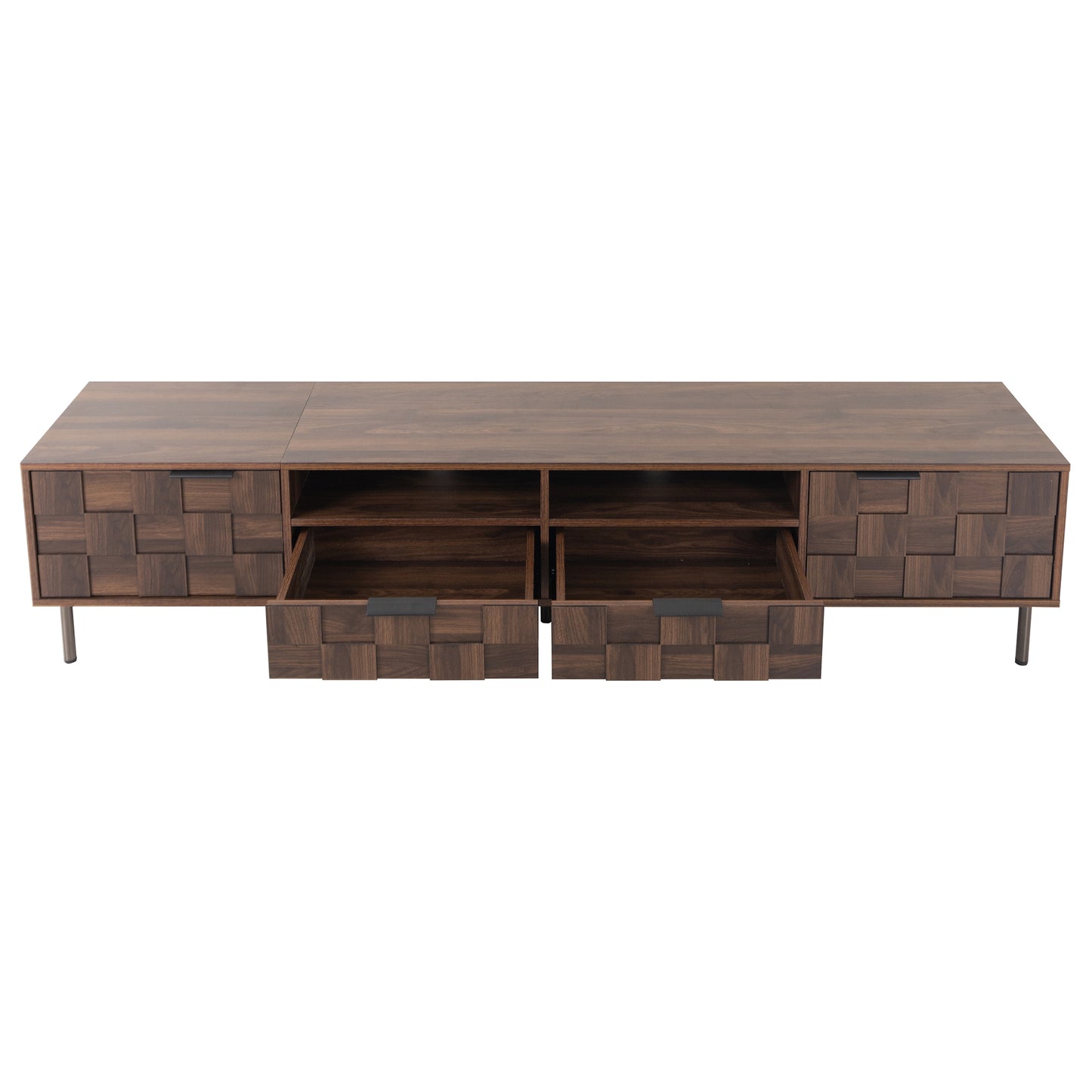 Dark wood TV stand with geometric drawer fronts and open shelving