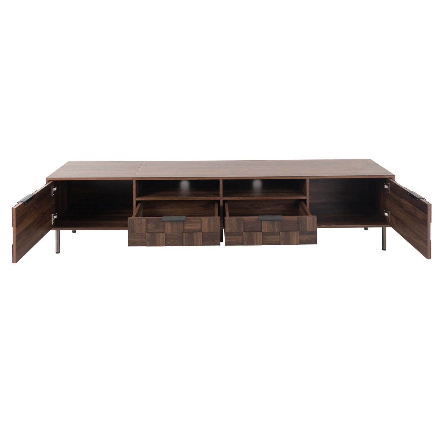 Dark walnut media console with open drawers and side cabinets modern design