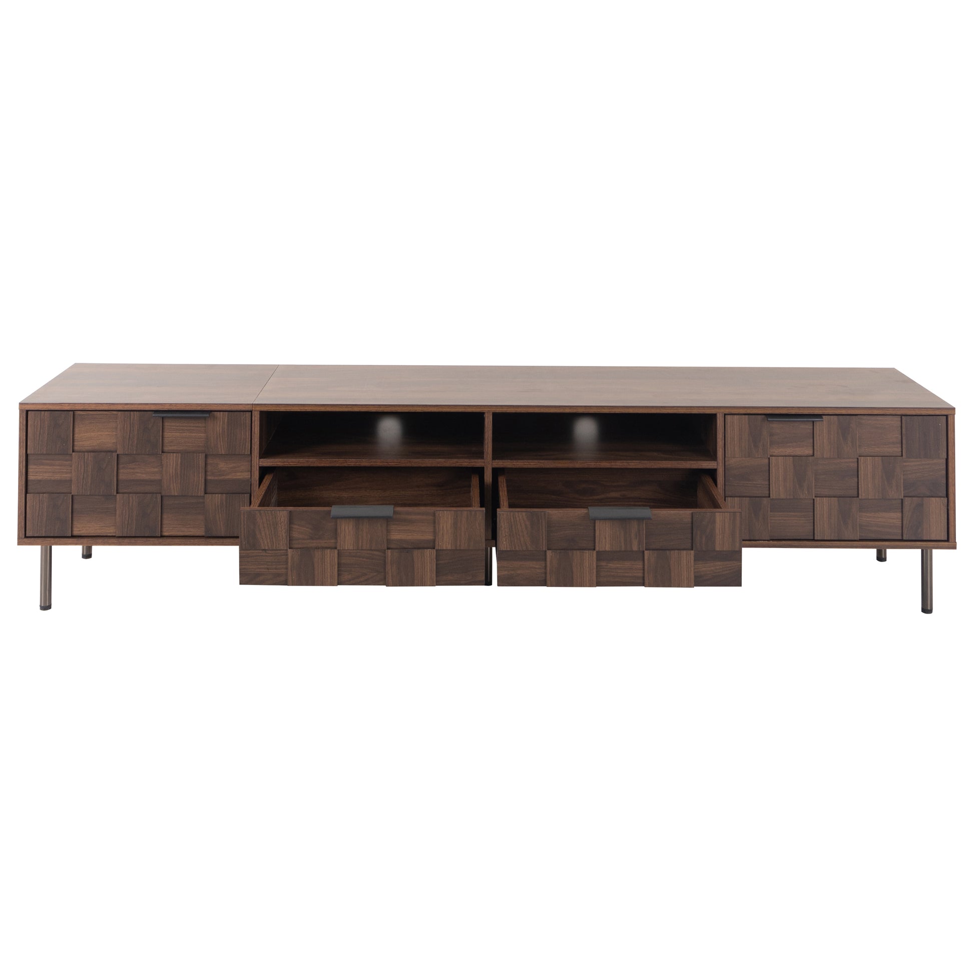 Dark wood media console with woven drawer fronts and open shelving