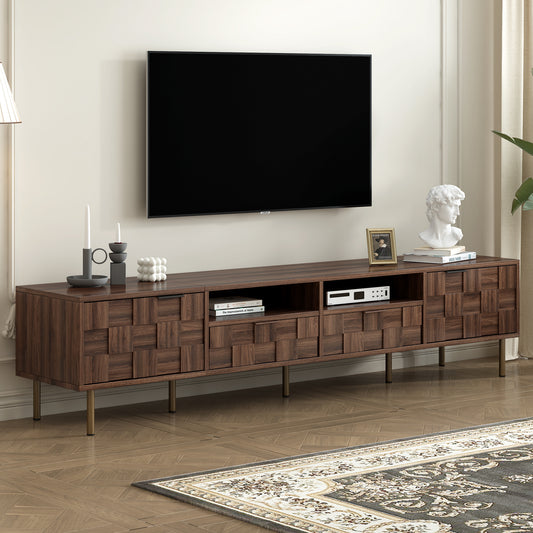 Dark wood modern TV stand with geometric door fronts and brass legs featuring media console storage