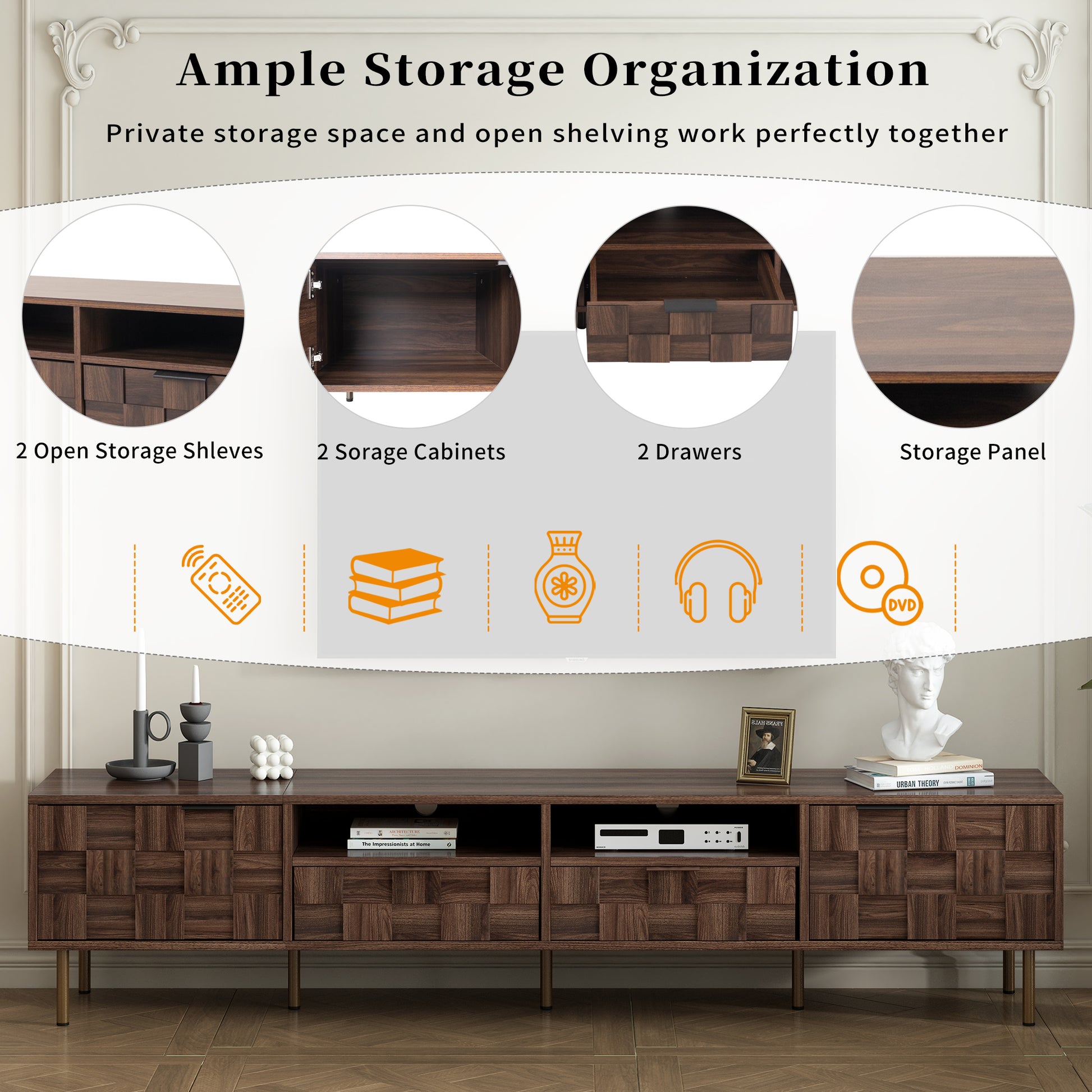 Dark walnut media console with four drawers and open shelving