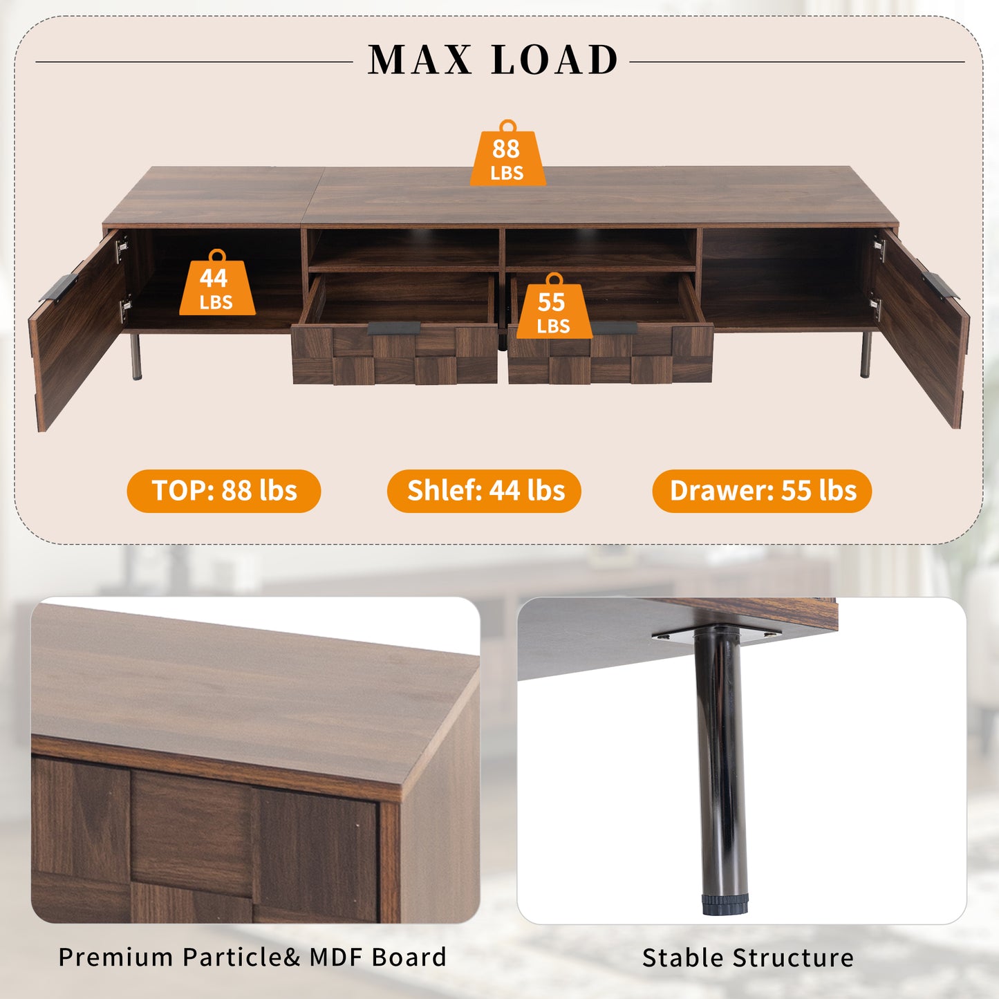 Dark wood TV stand with open compartments showing maximum load labels