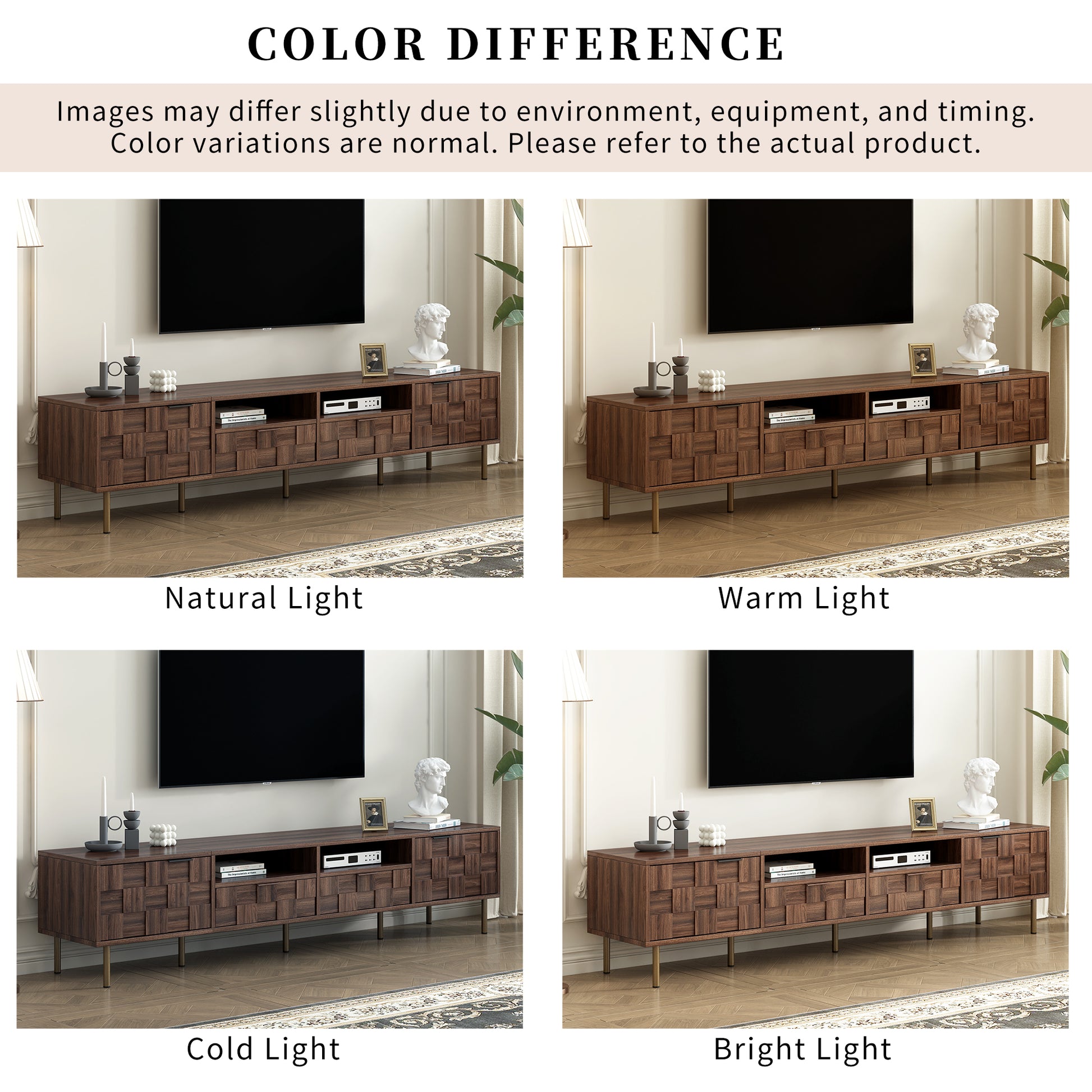 Dark wood media console with geometric door fronts and gold legs under a TV
