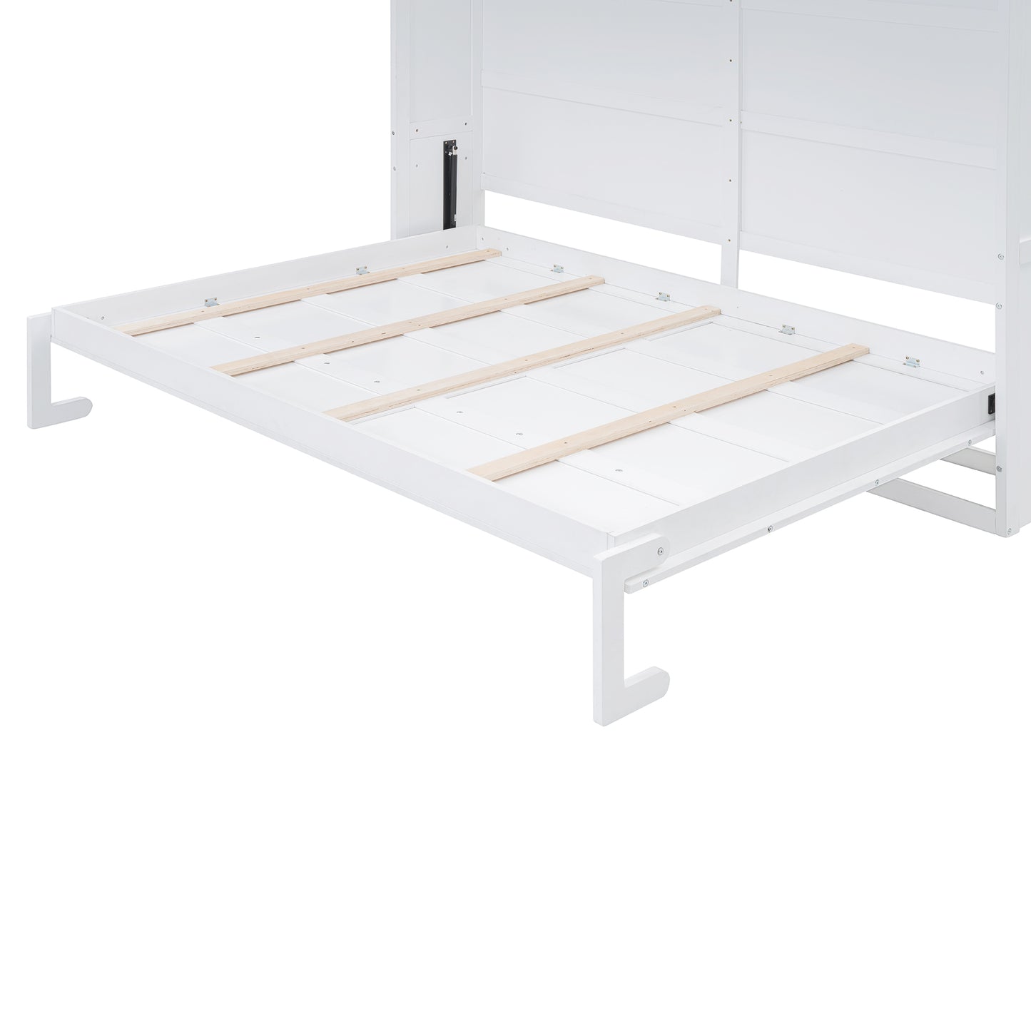 White wooden bed frame with slatted base extended