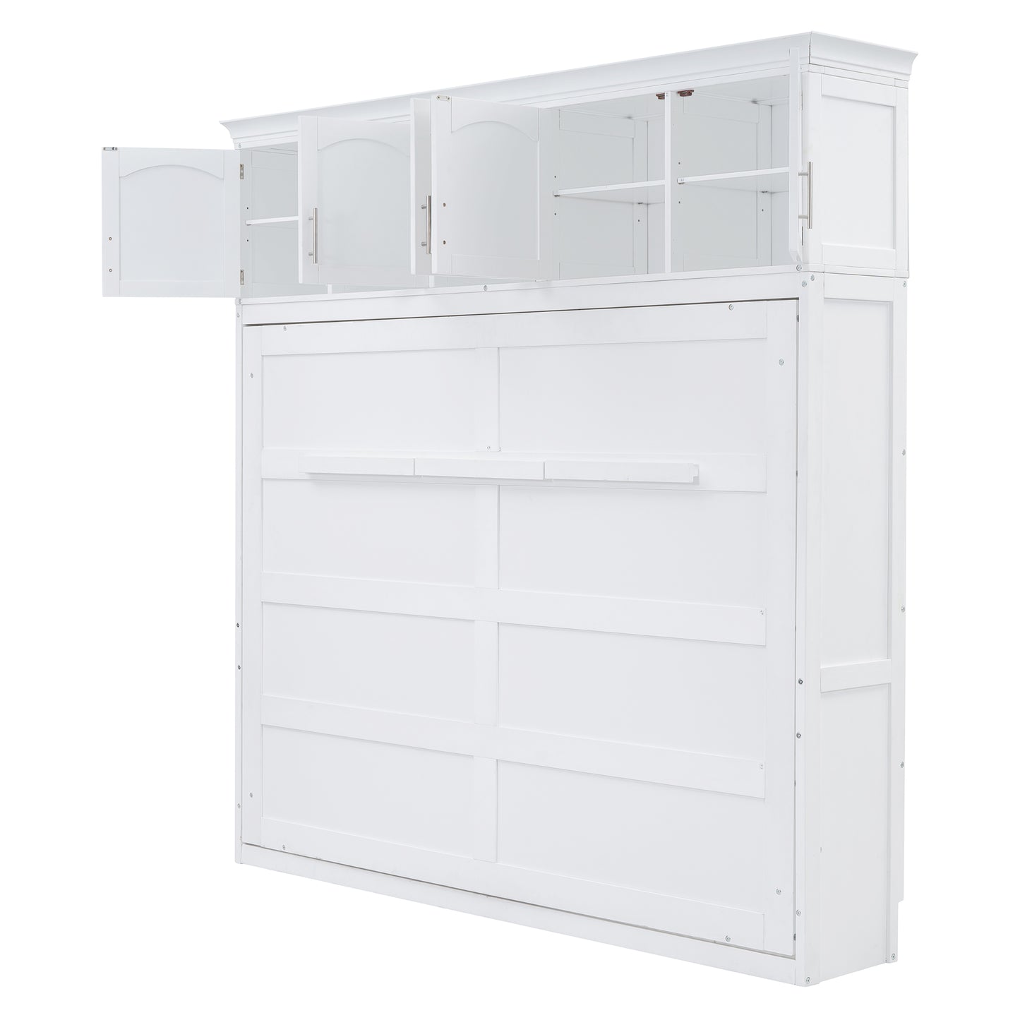 White murphy bed cabinet with open upper doors and panel details on the front