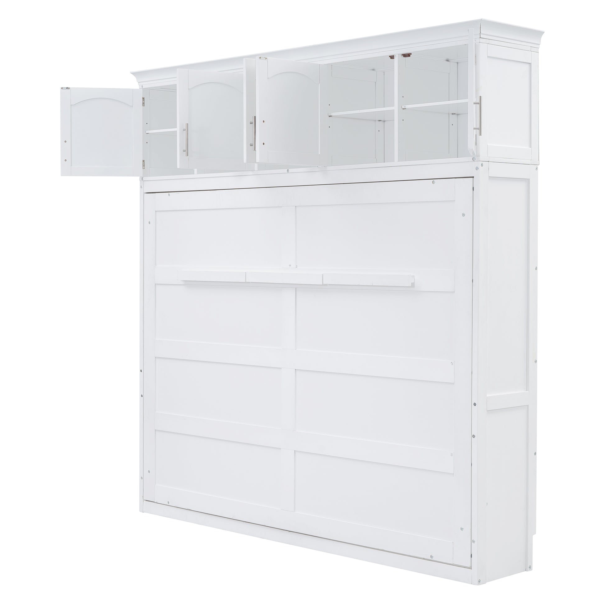 White murphy bed cabinet with open upper doors and panel details on the front