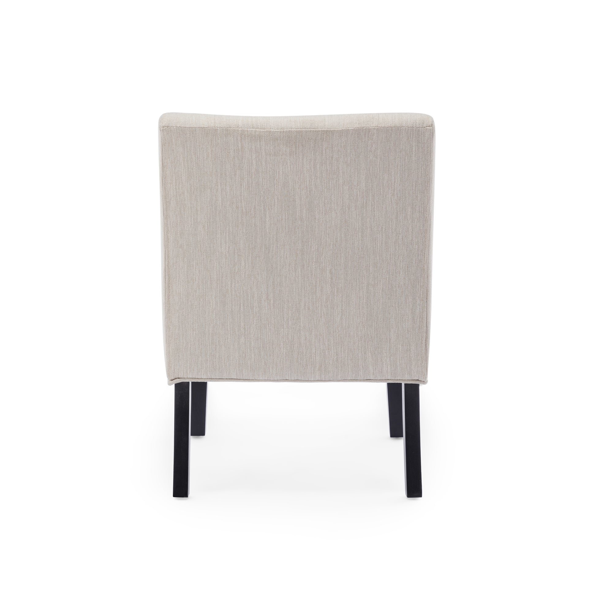 Back view of a light beige fabric accent chair with dark wooden legs perfect for modern living rooms
