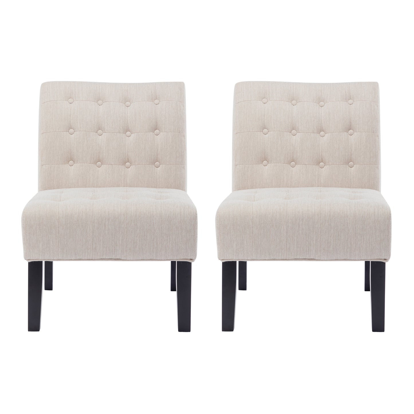 Pair of tufted beige fabric accent chairs with dark wooden legs