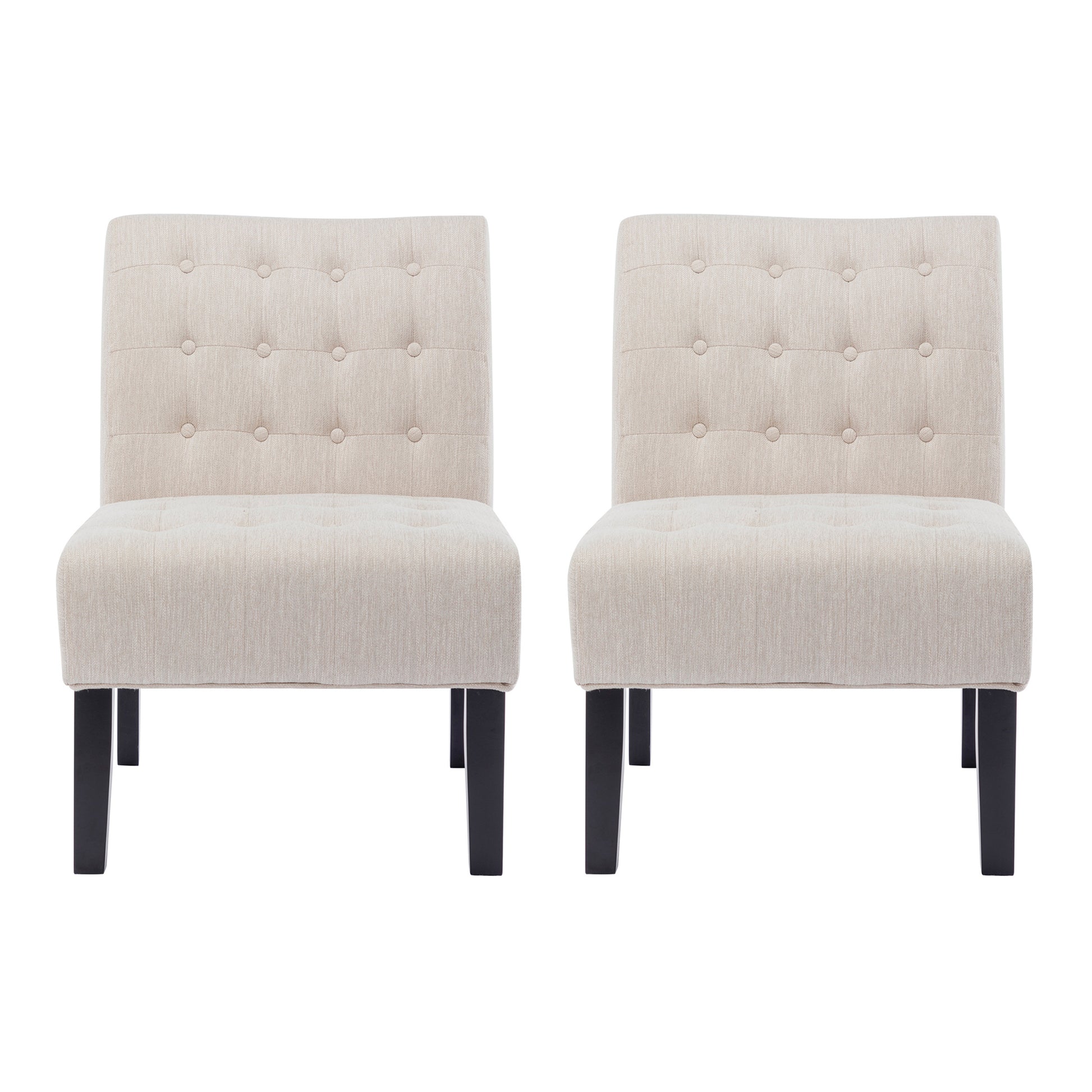Pair of tufted beige fabric accent chairs with dark wooden legs