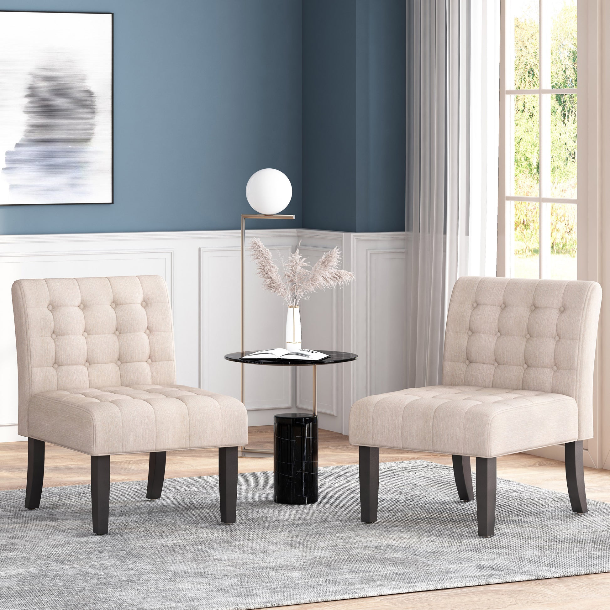 Cream upholstered slipper chair with tufted seat and back dark wood legs in a modern living room