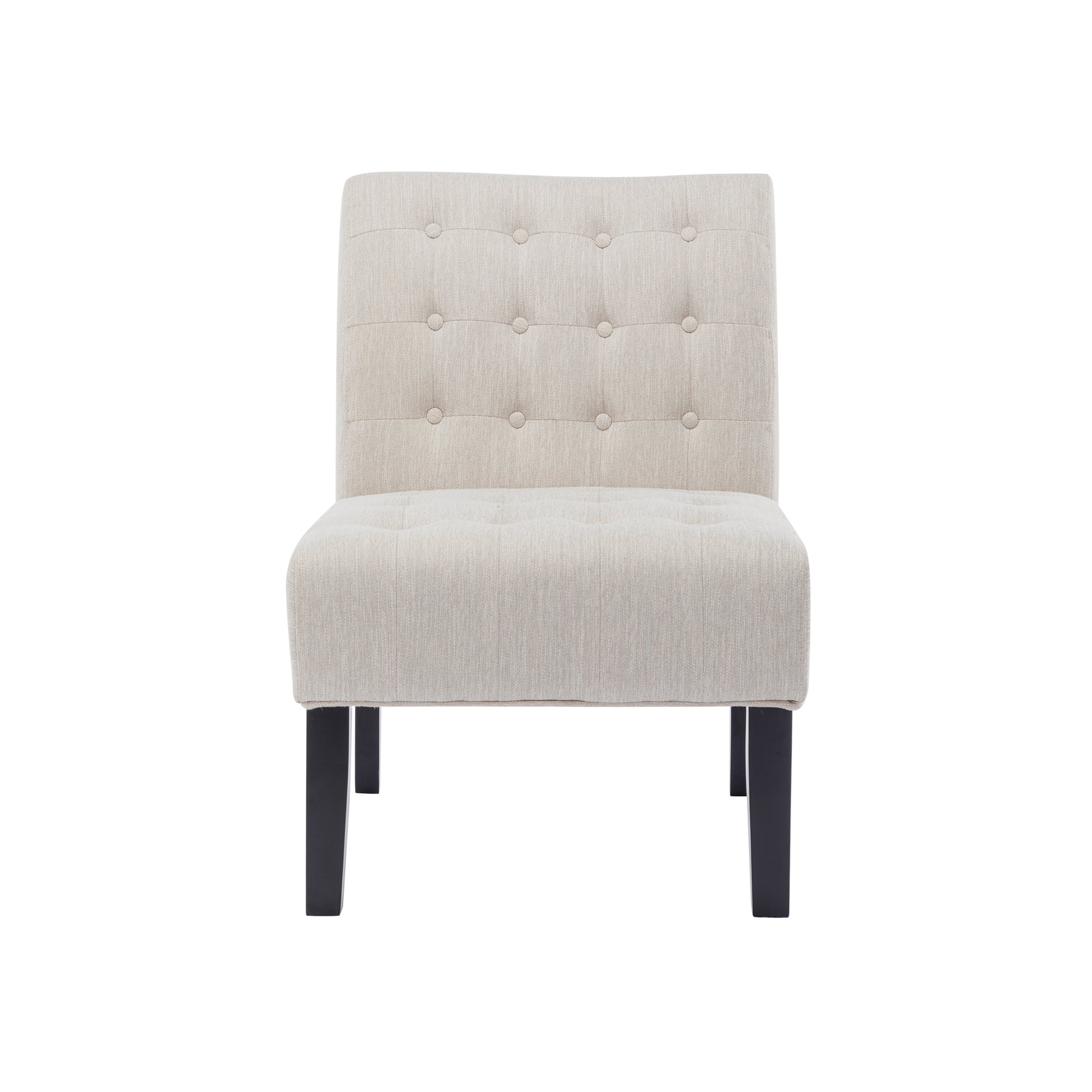 Beige upholstered accent chair with button tufting and dark wooden legs