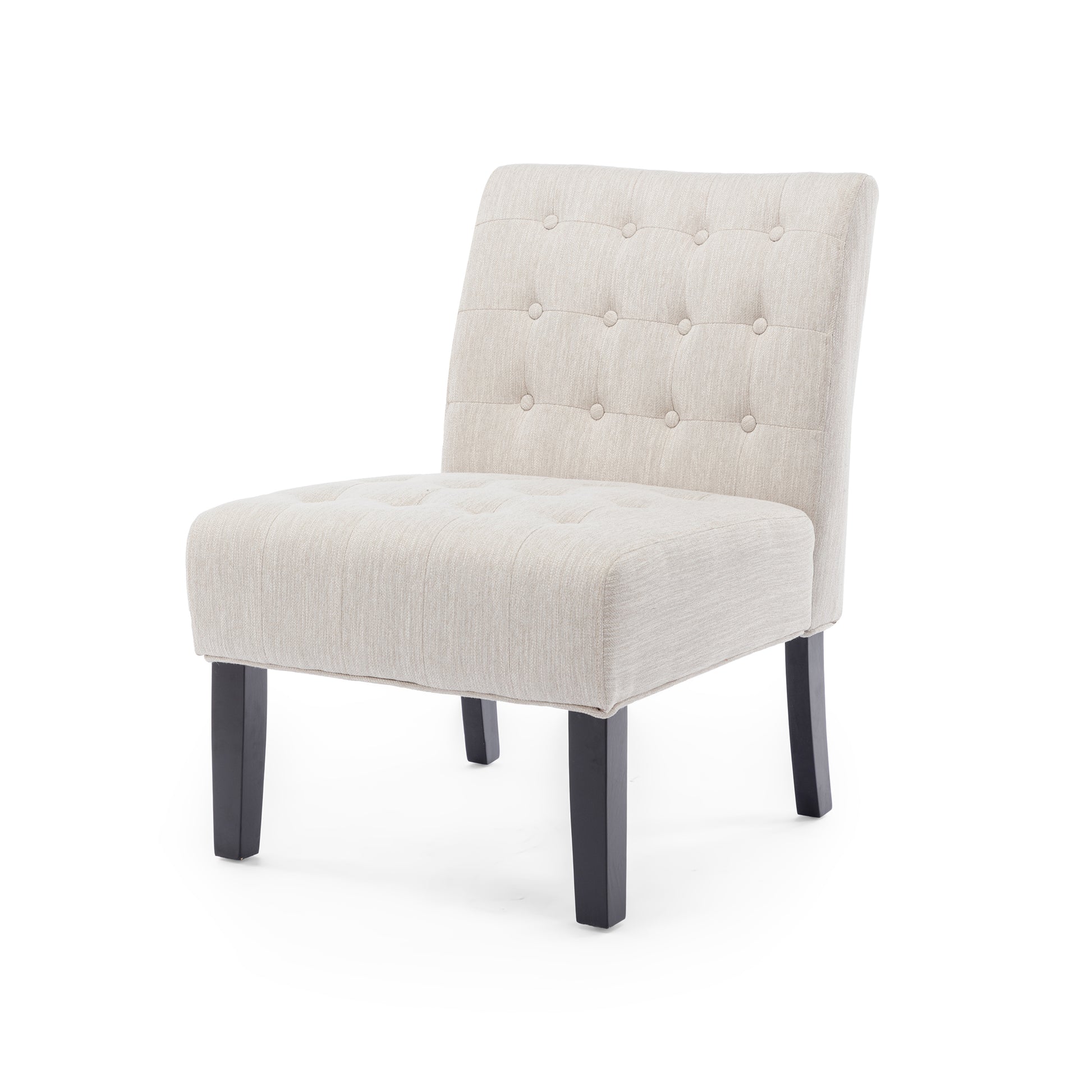 Tufted accent chair in cream fabric with dark wood legs