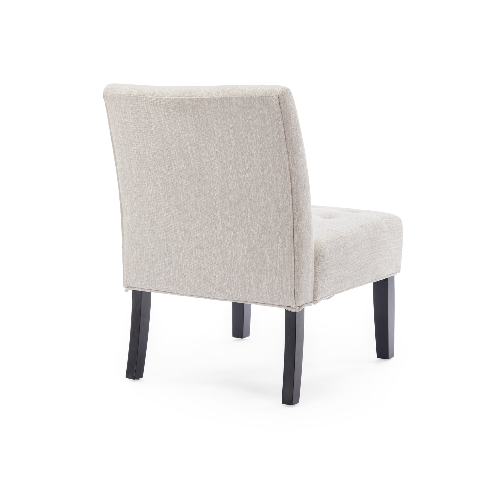 Beige fabric accent chair with tufted seat and dark wood legs