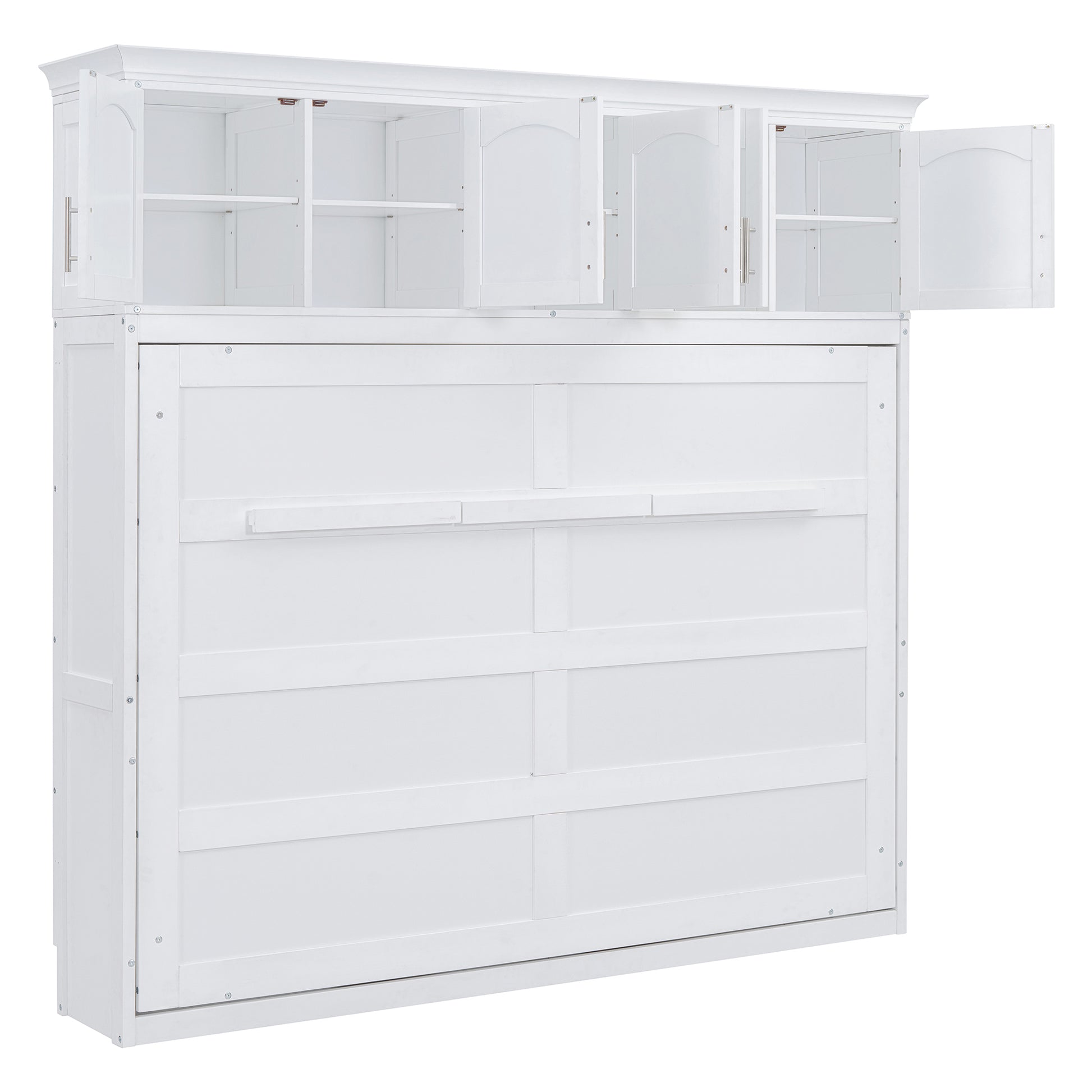 White Murphy bed cabinet with open upper doors revealing shelves and a closed multipaneled main cabinet