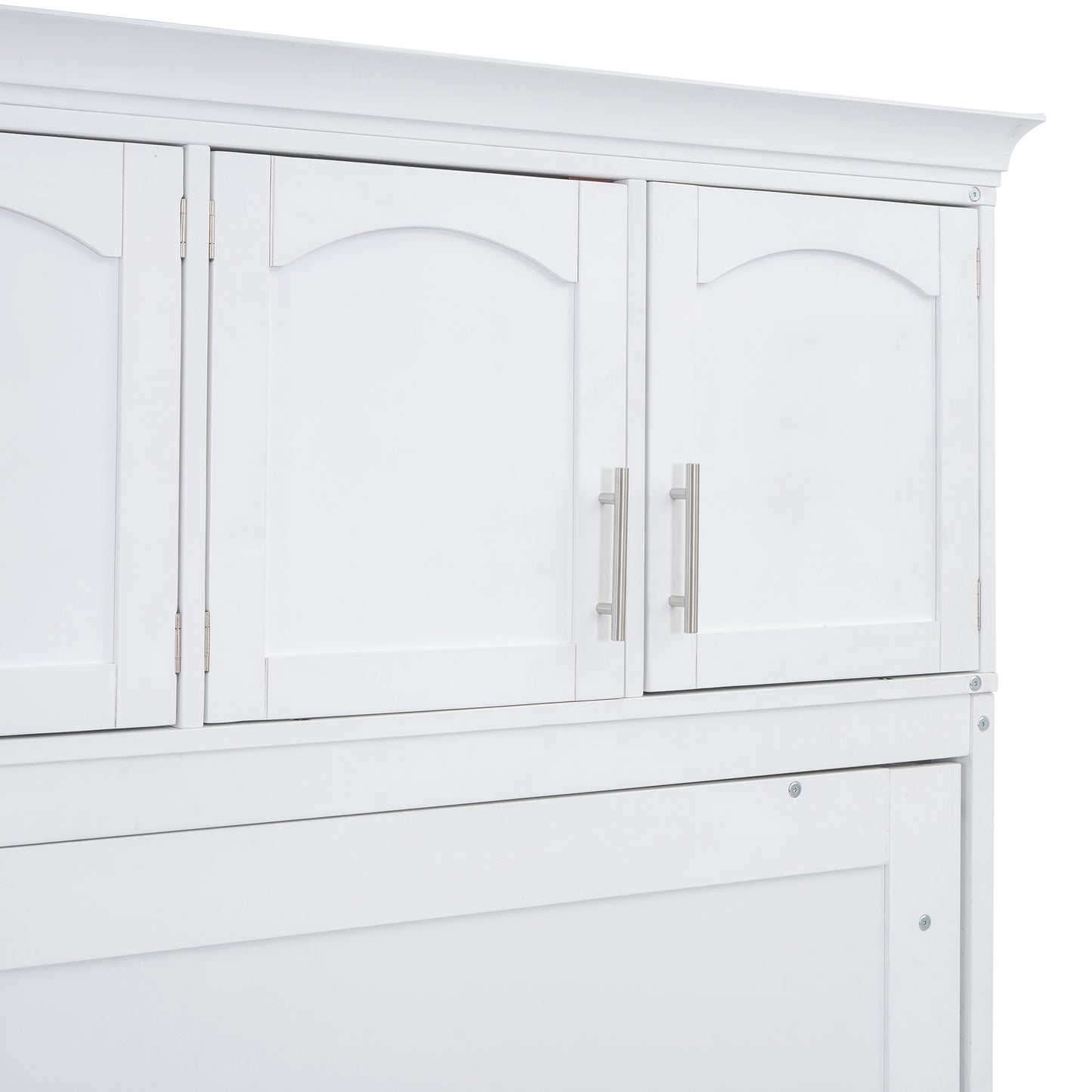White arched cabinet doors with brushed nickel handles