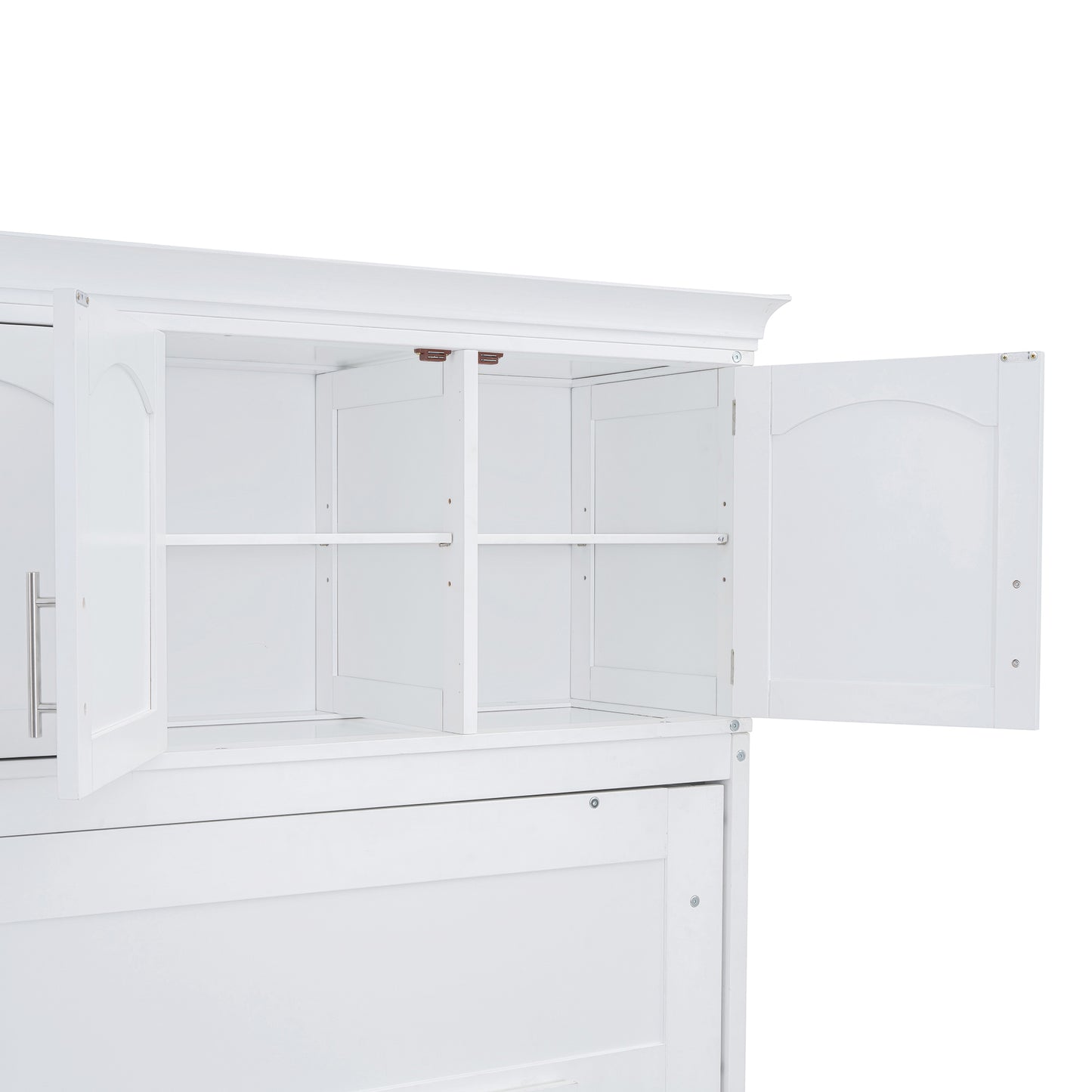 Open white cabinet with arched doors and adjustable shelves