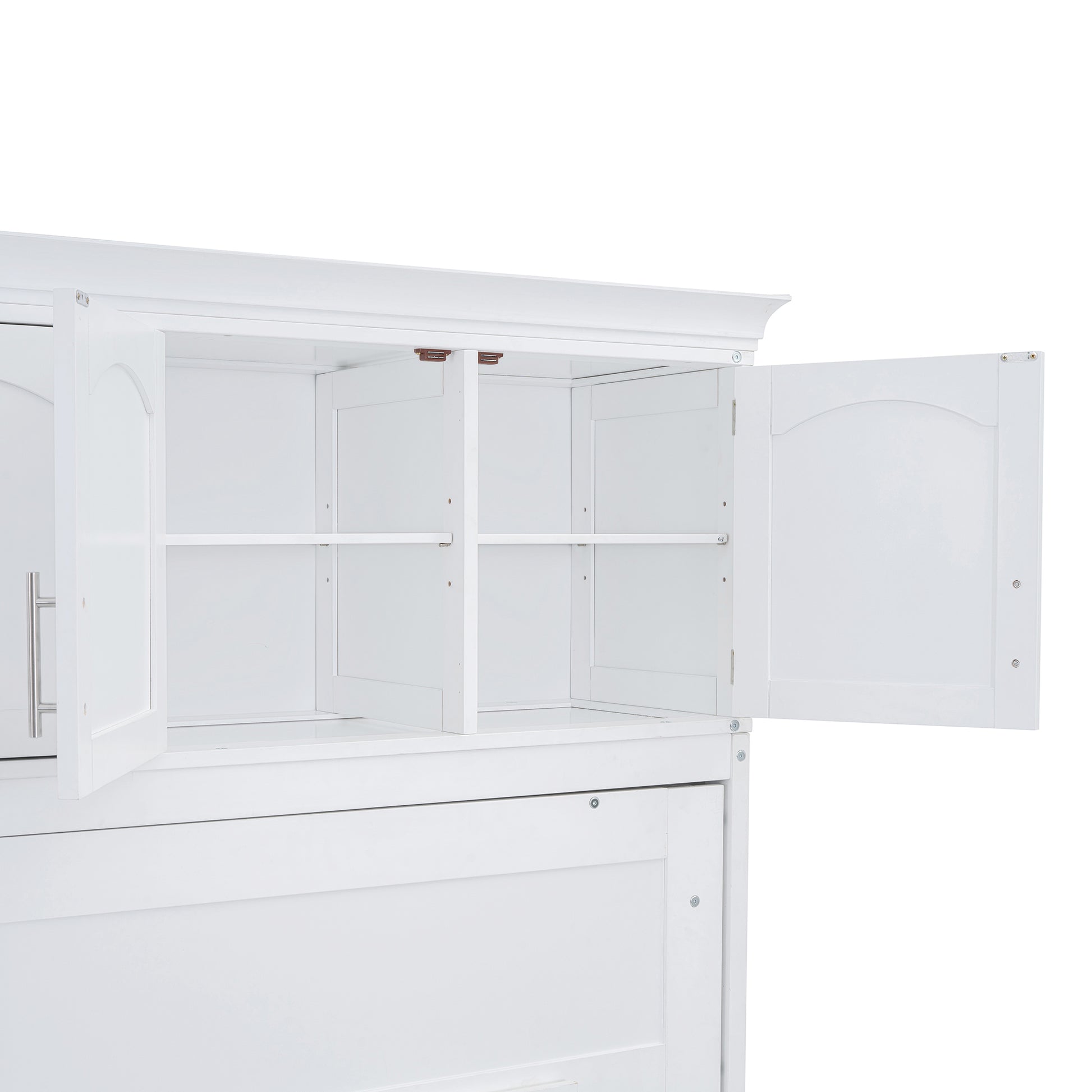 Open white cabinet with arched doors and adjustable shelves