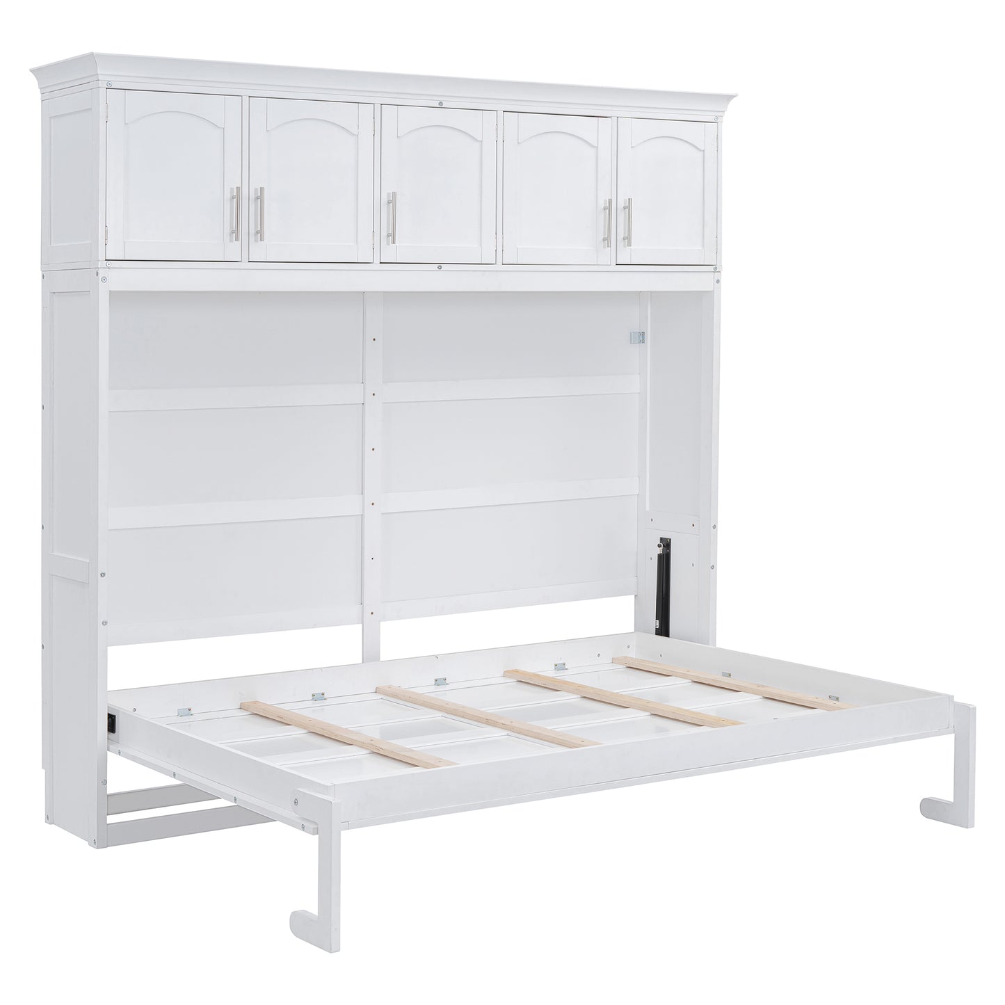 White Murphy bed with cabinet and open mattress support frame
